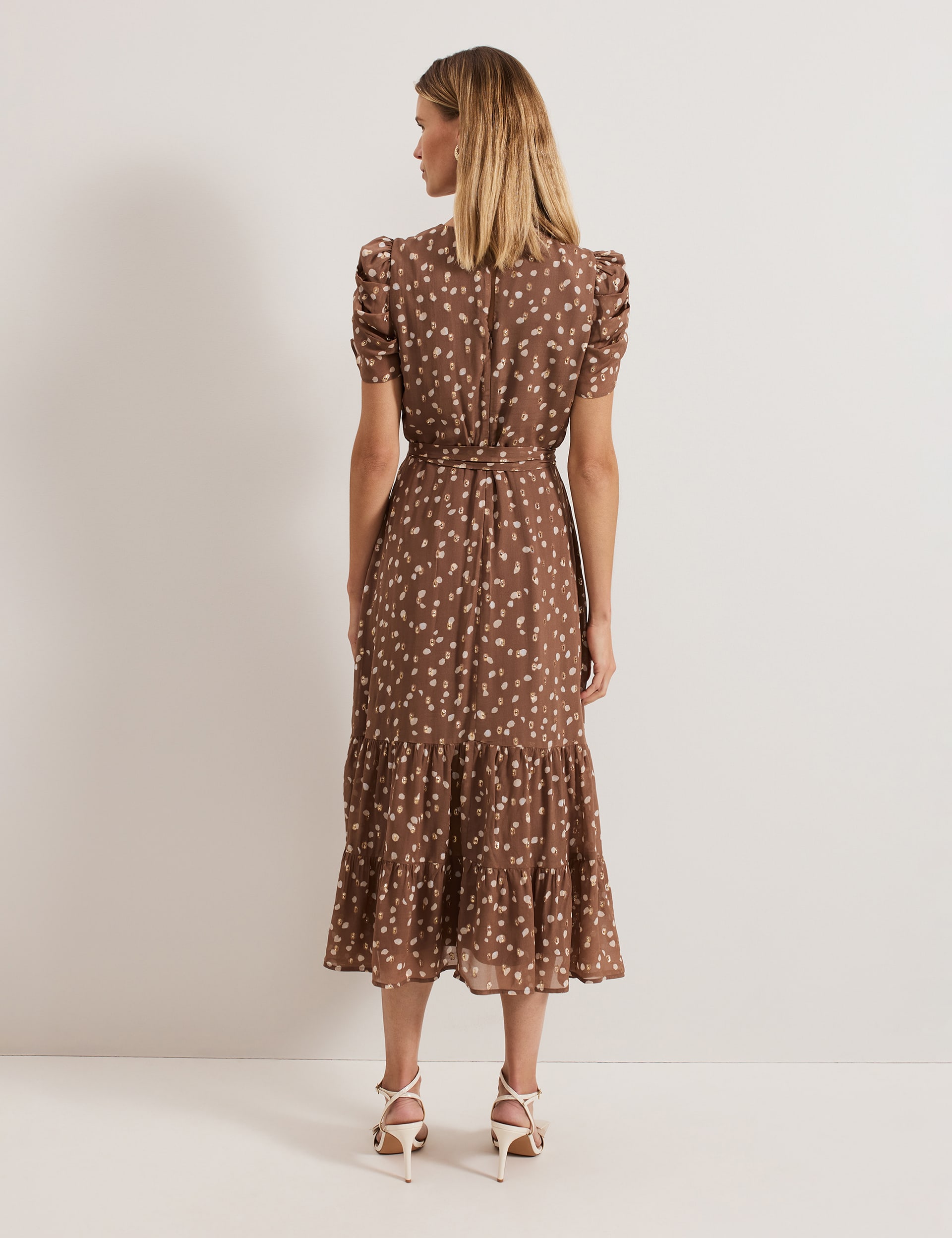 Phase Eight Women's Polka Dot Tie Waist Midi Tiered Dress - 12 - Brown Mix, Brown Mix