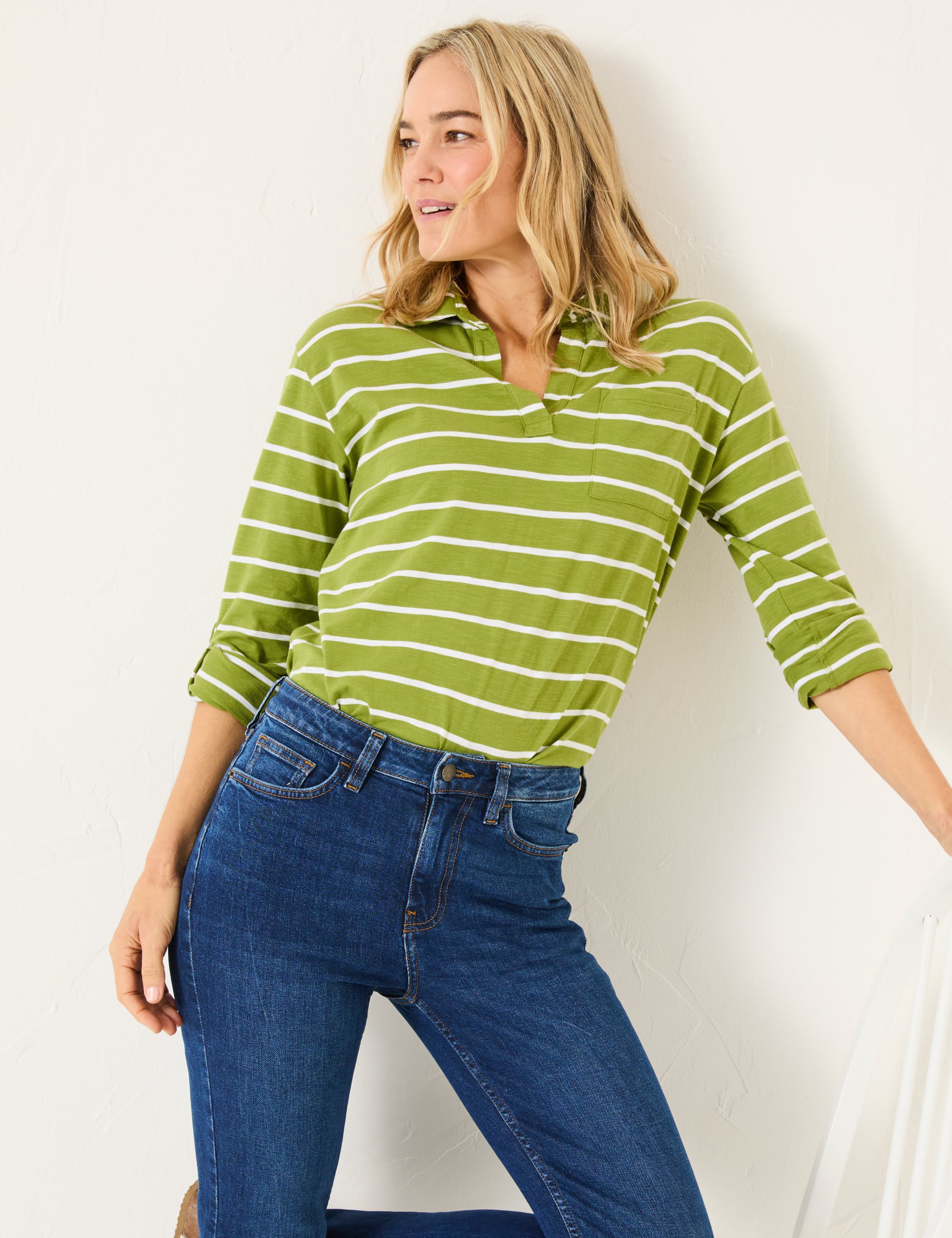 Fatface Women's Pure Cotton Striped V-Neck Top - 14 - Green, Green