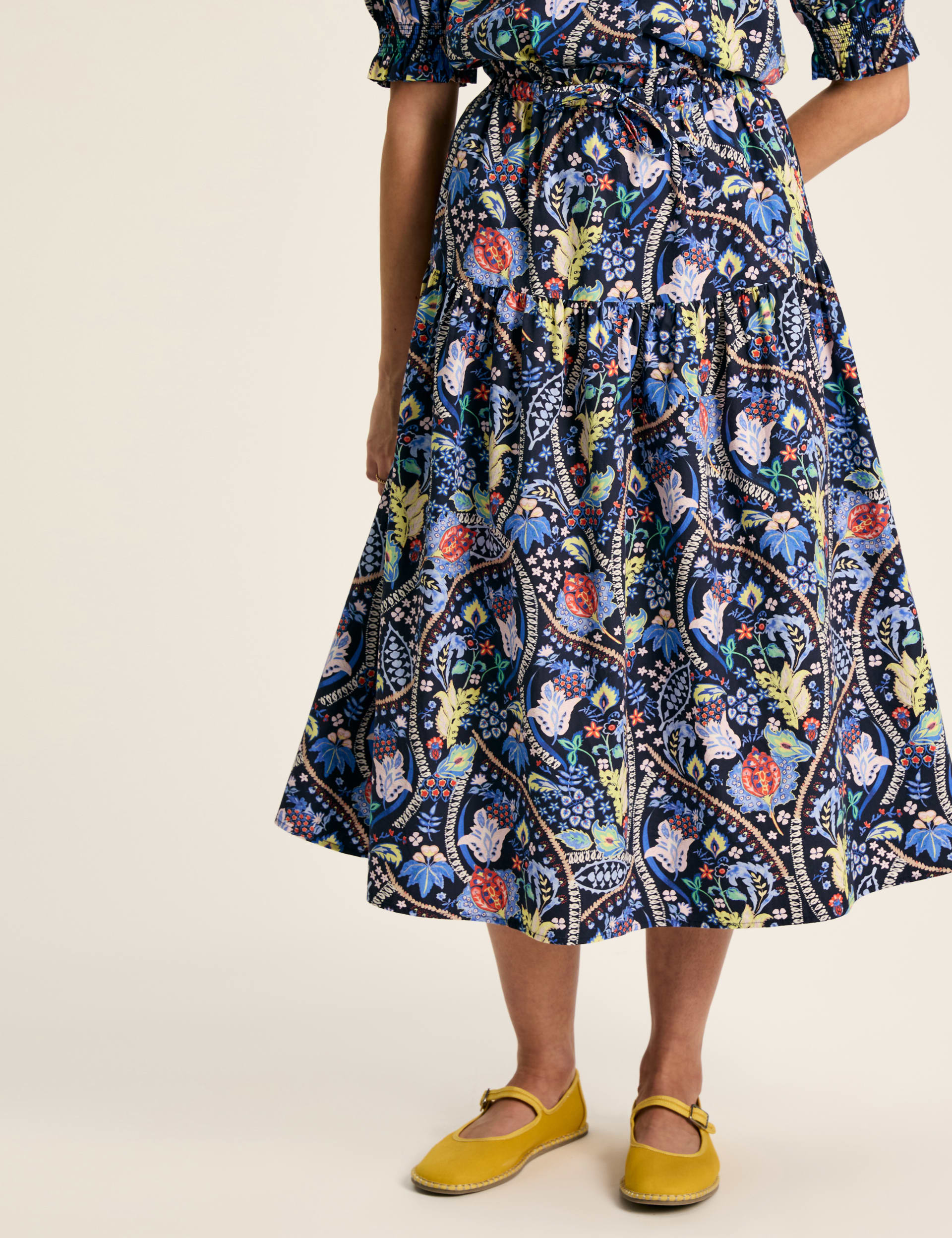 Joules Women's Pure Cotton Printed Midi A-Line Skirt - 8 - Blue Mix, Blue Mix