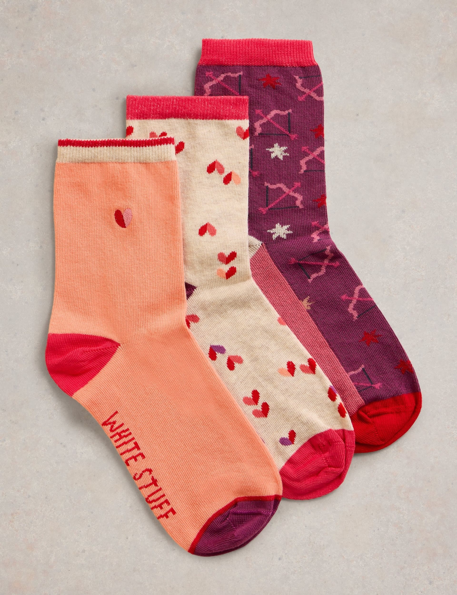 White Stuff Women's 3pk Cotton Rich Heart Ankle High Socks - 3-5 - Red Mix, Red Mix