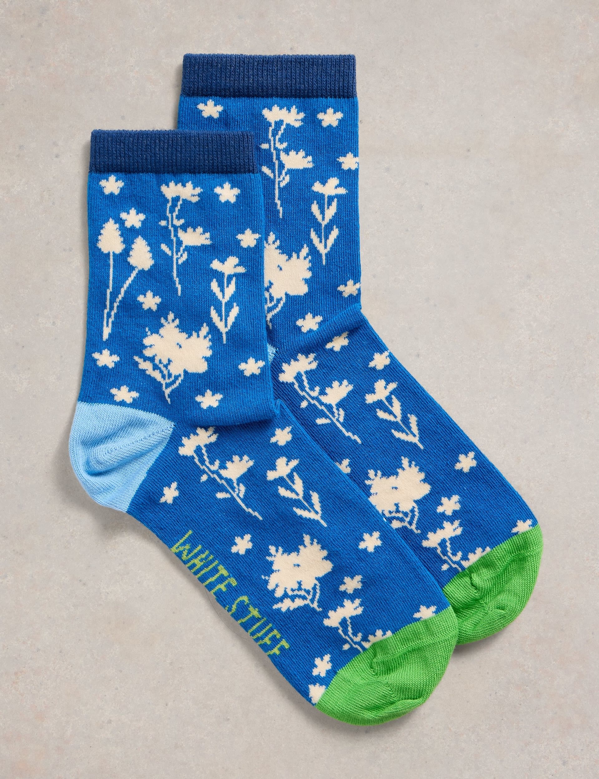 White Stuff Women's Cotton Rich Floral Ankle High Socks - 6-8 - Blue, Blue