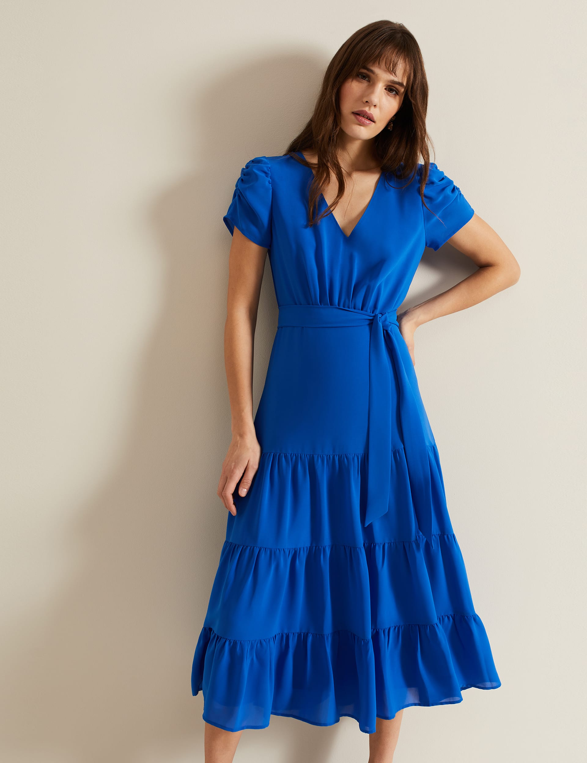 Phase Eight Women's V-Neck Midi Tiered Dress - 8 - Blue, Blue