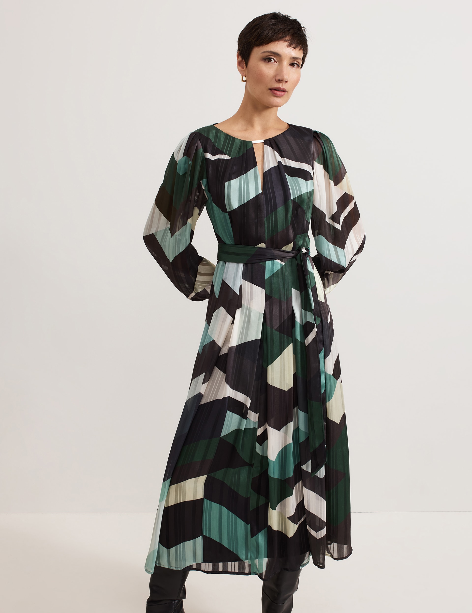 Phase Eight Women's Abstract Print Midaxi Waisted Dress - 12 - Green Mix, Green Mix