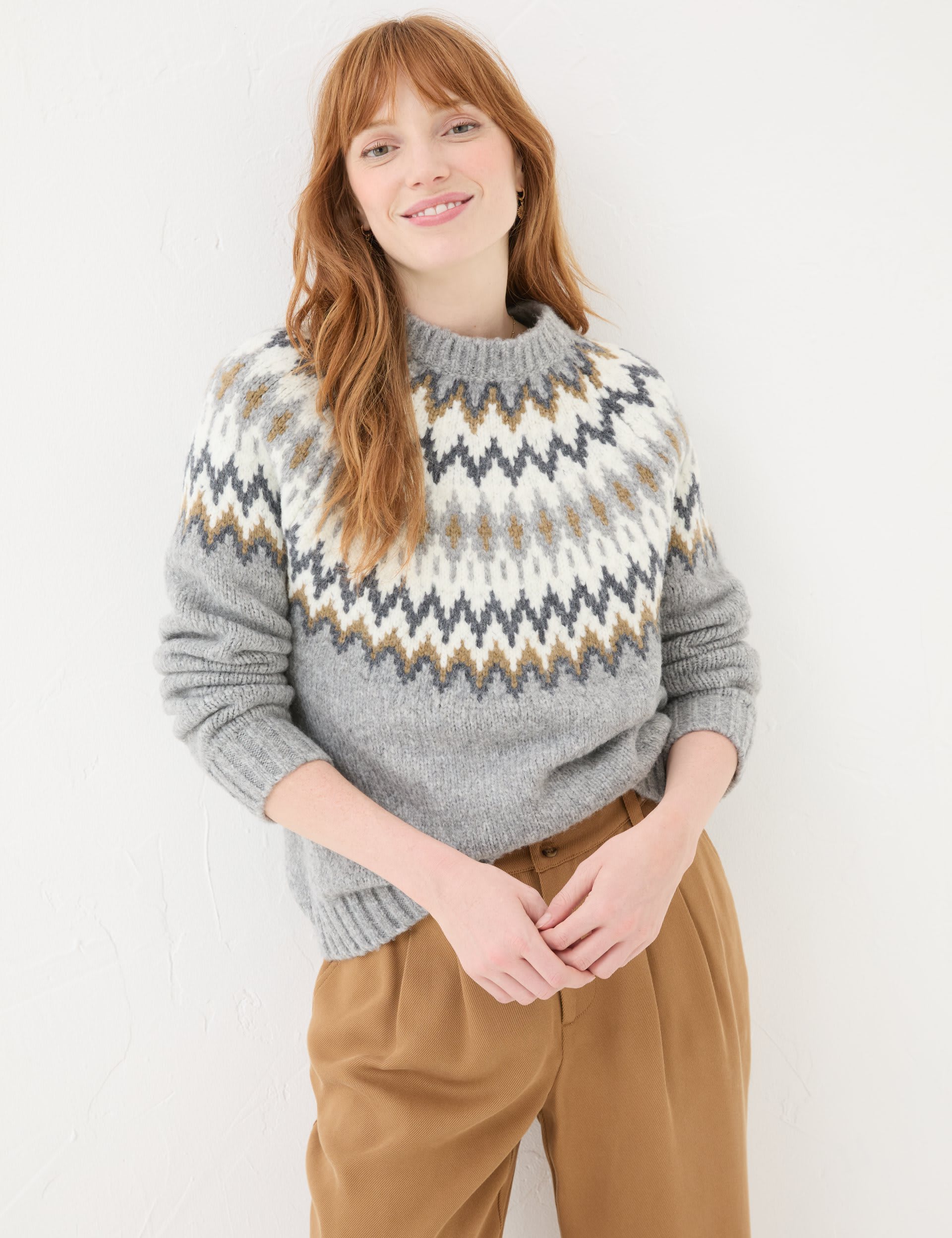 Fatface Women's Fair Isle Crew Neck Jumper - 16 - Grey Marl, Grey Marl