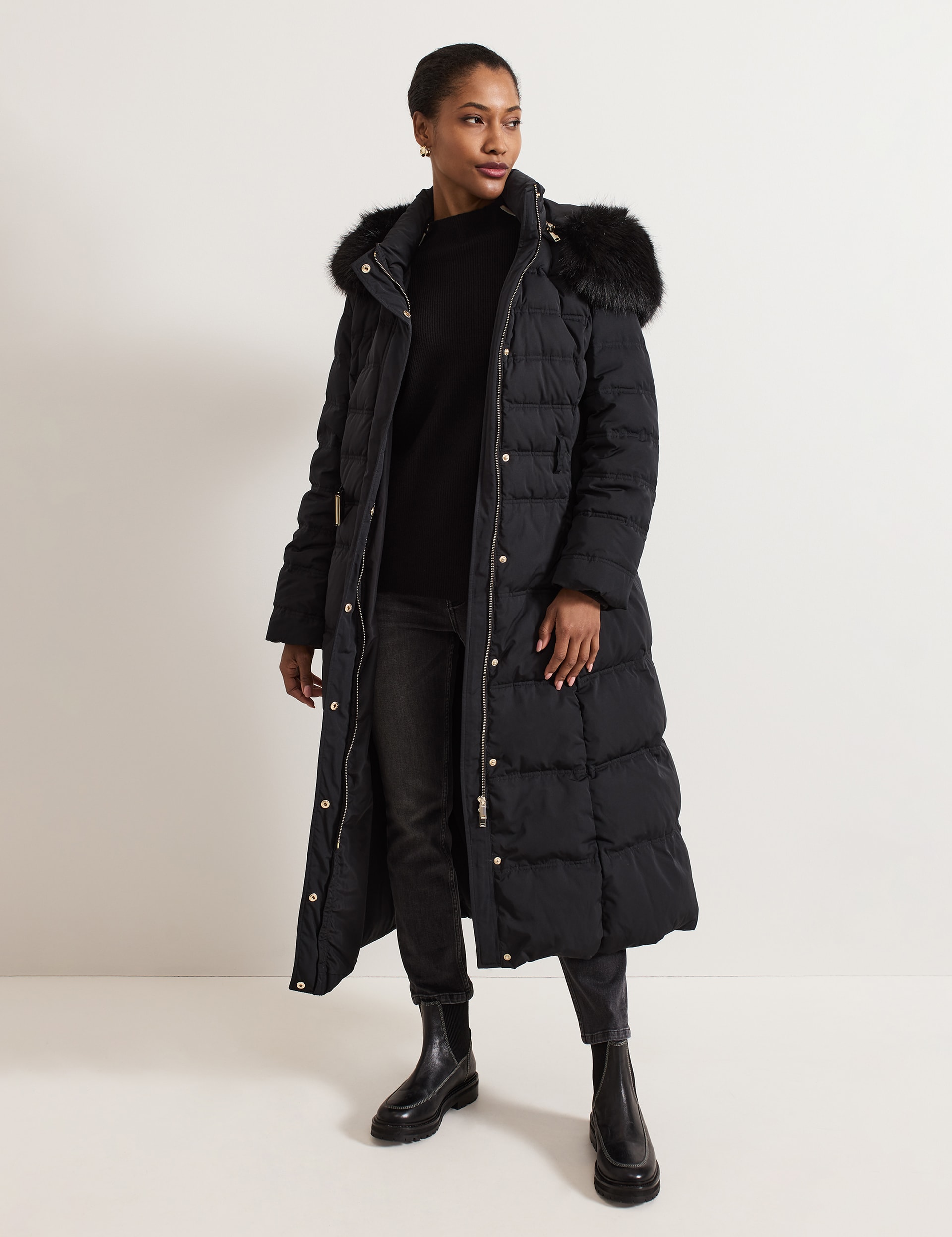 Phase Eight Women's Hooded Faux Fur Trim Longline Puffer Coat - 6 - Black, Black