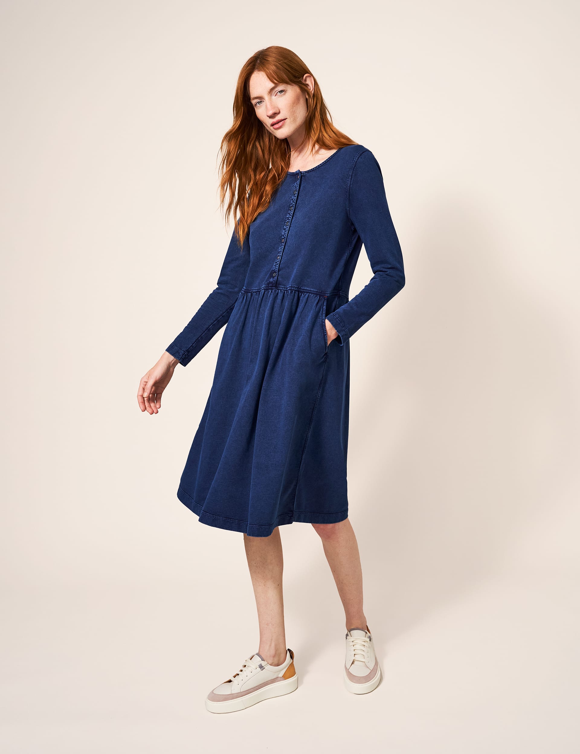 White Stuff Women's Jersey Round Neck Knee Length Smock Dress - 14 - Med Blue Denim, Med Blue Denim