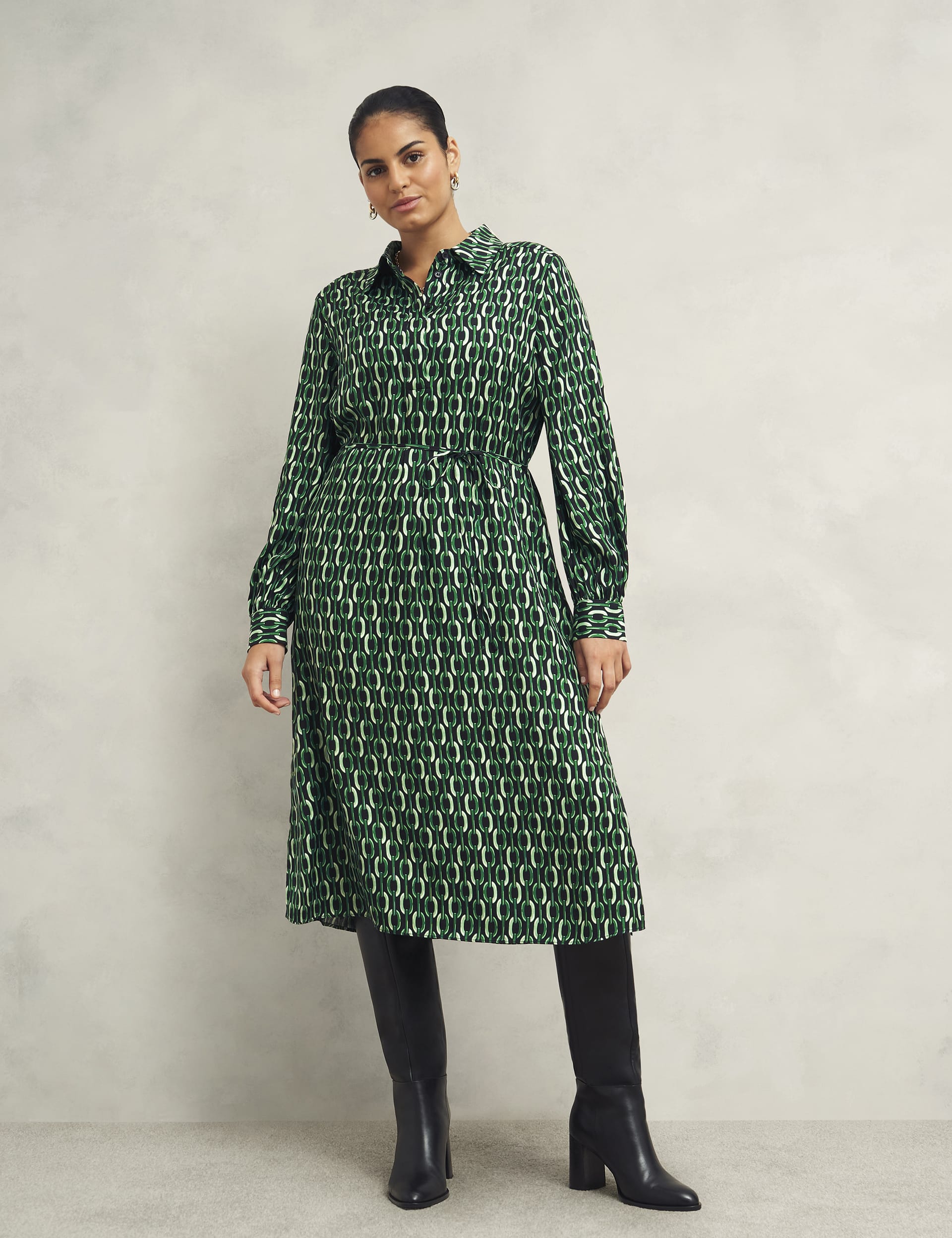 Hobbs Women's Geometric Collared Midi Shirt Dress - 12REG - Green, Green