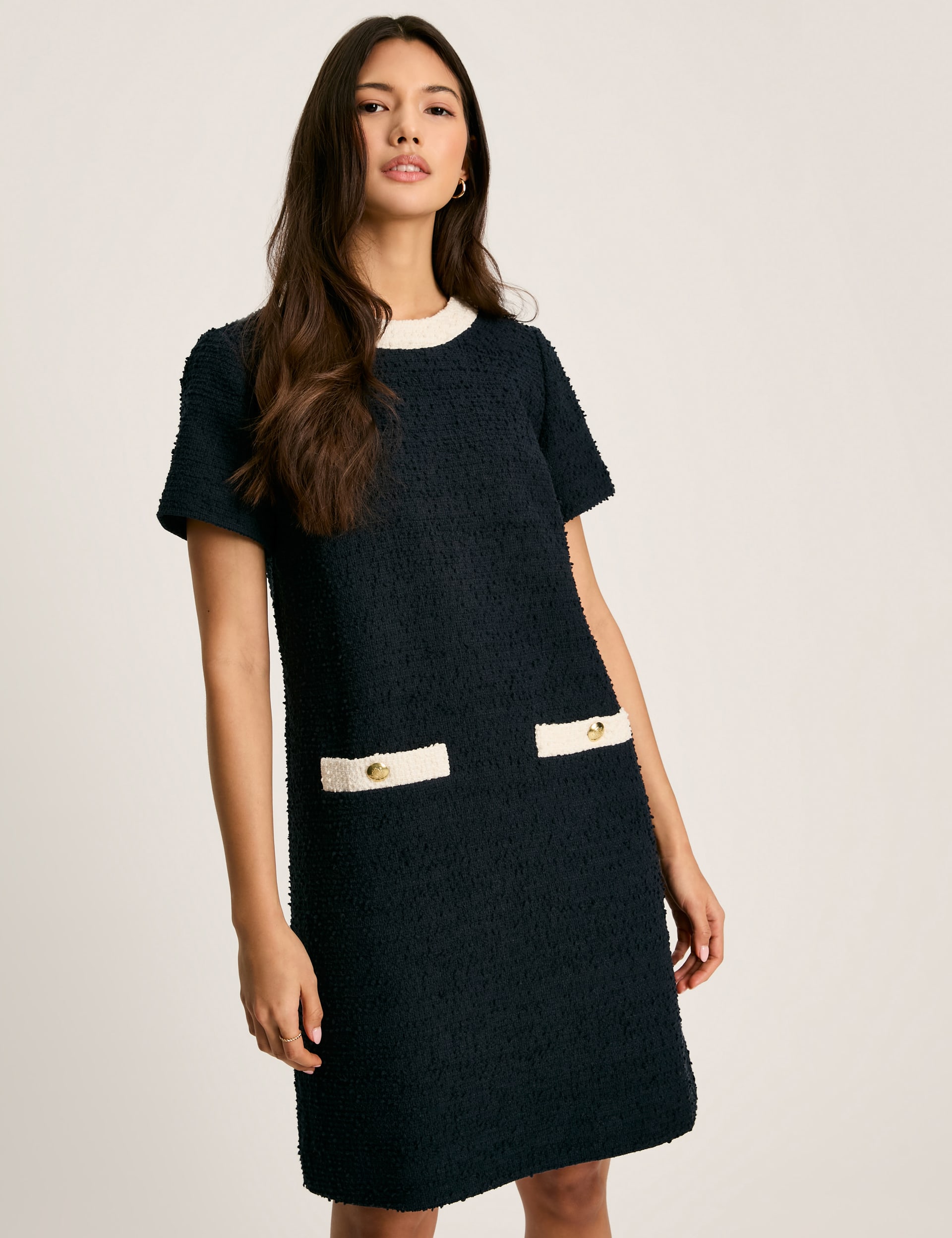 Joules Women's Cotton Rich Round Neck Shift Dress - 12 - Navy, Navy,Cream