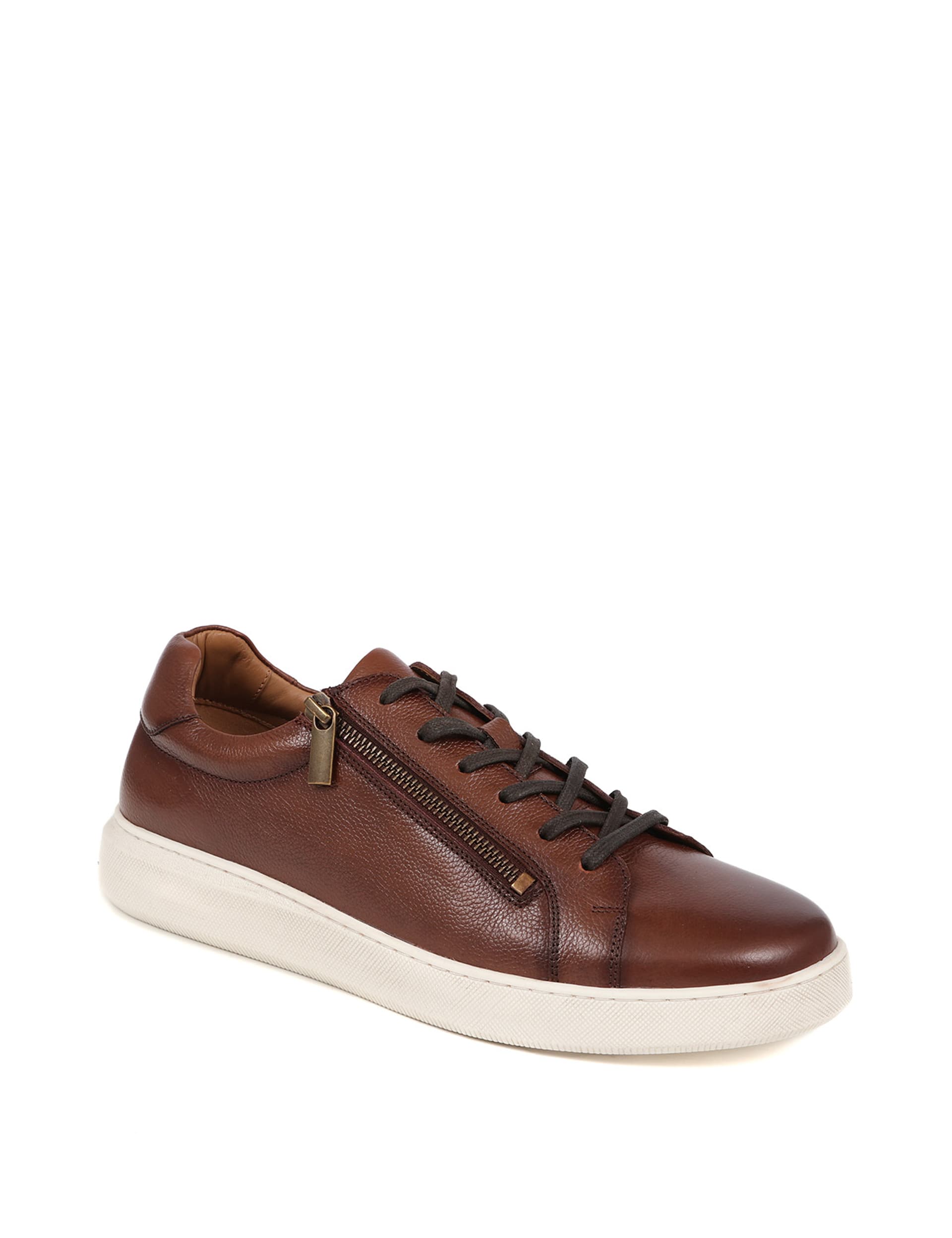 Jones Bootmaker Men's Leather Side Zip Lace Up Trainers - 10 - Tan, Tan