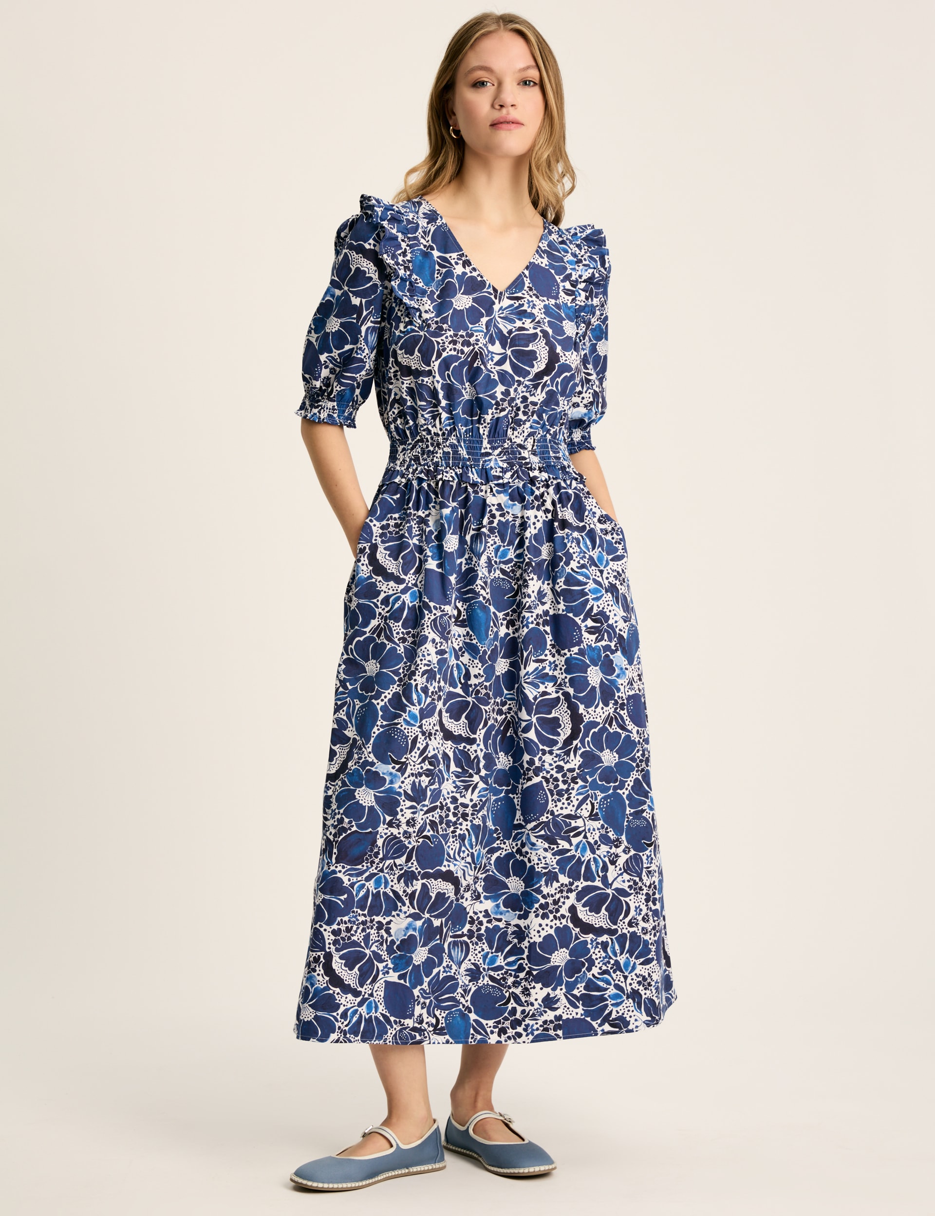 Joules Women's Pure Cotton Floral V-Neck Midaxi Dress - 8 - Blue Mix, Blue Mix