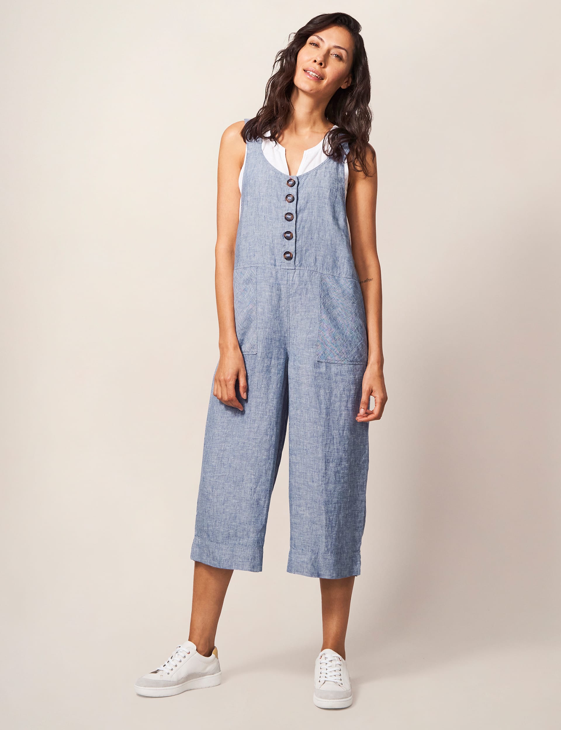 White Stuff Women's Pure Linen Button Front Cropped Dungarees - 6 - Blue, Blue