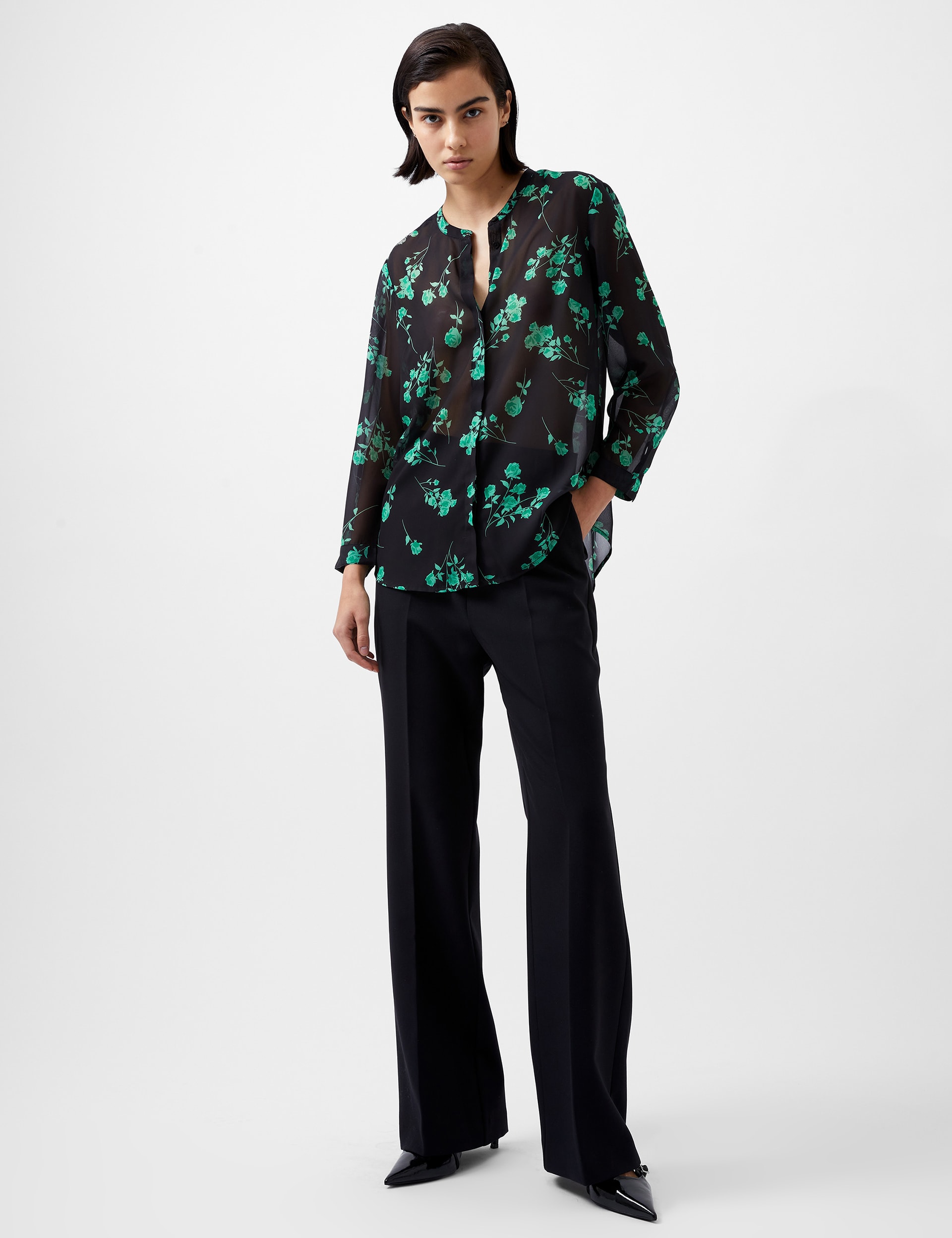 French Connection Women's Sheer Floral Print Collared Relaxed Blouse - 6 - Black Mix, Black Mix