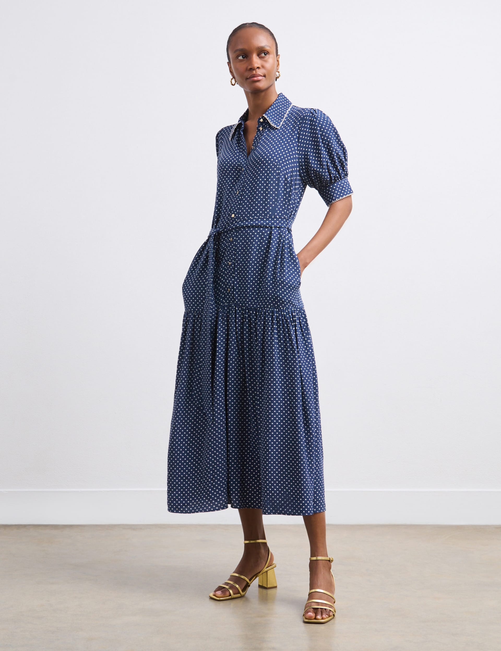 Finery London Women's Crepe Polka Dot Collared Midaxi Shirt Dress - 20 - Navy Mix, Navy Mix