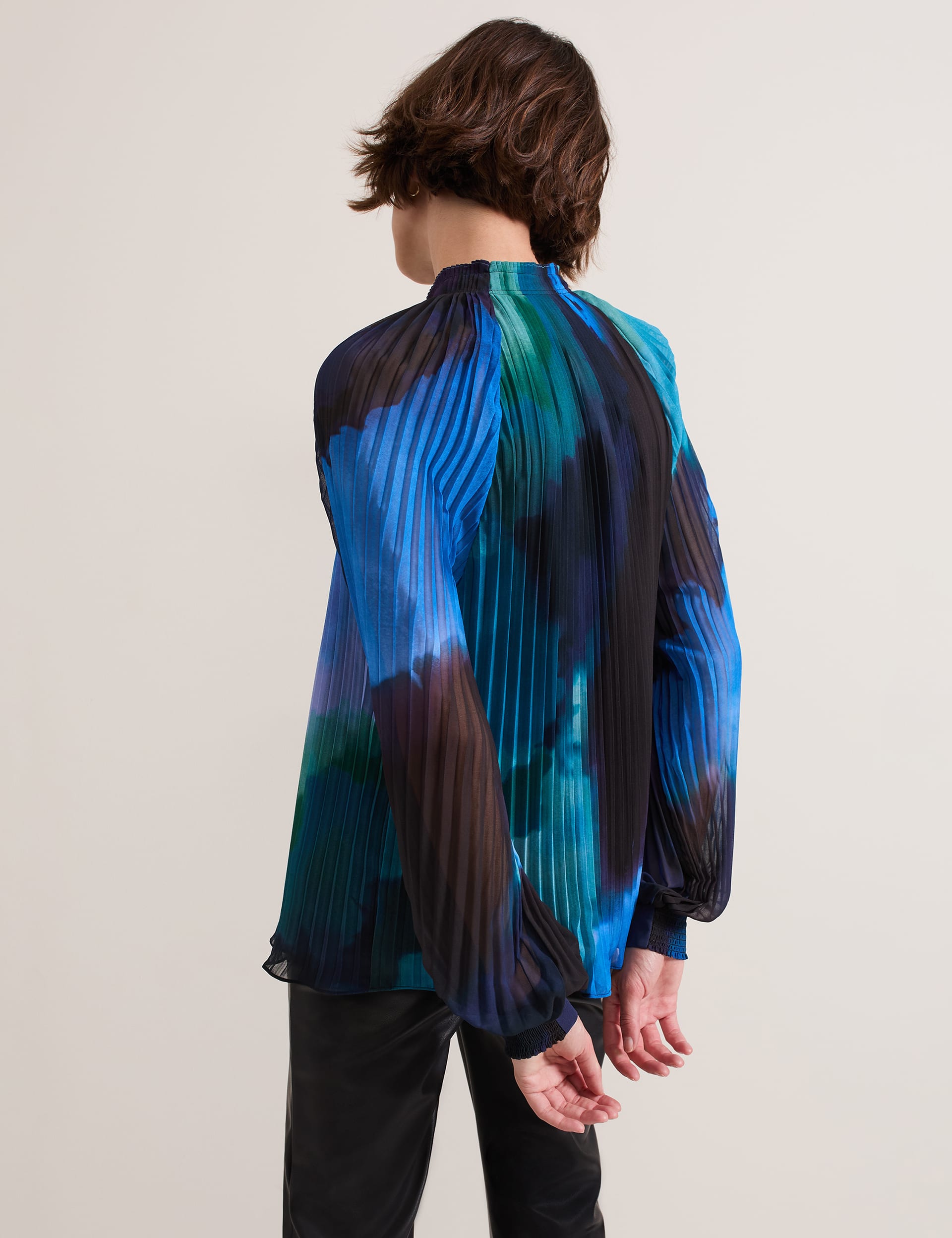 Phase Eight Women's Abstract Pleated Funnel Neck Blouse - 8 - Blue Mix, Blue Mix