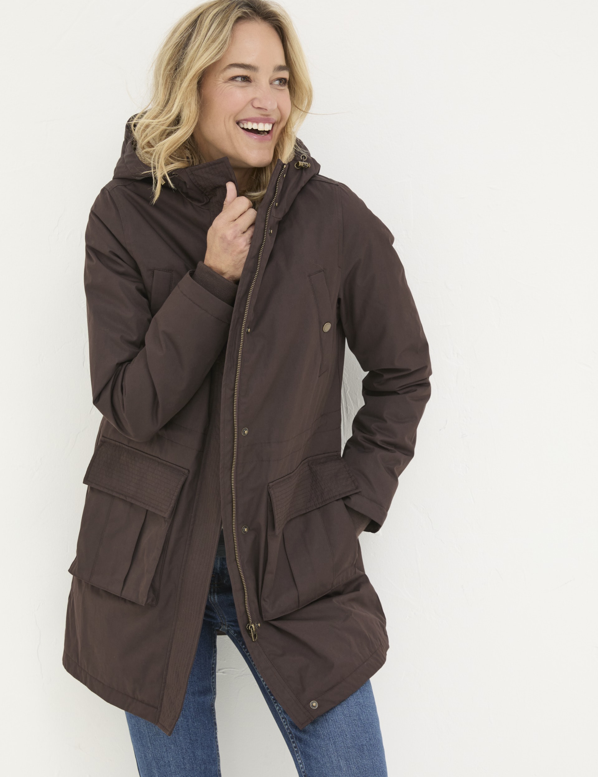 Fatface Women's Cotton Blend Longline Parka Coat - 10 - Brown, Brown