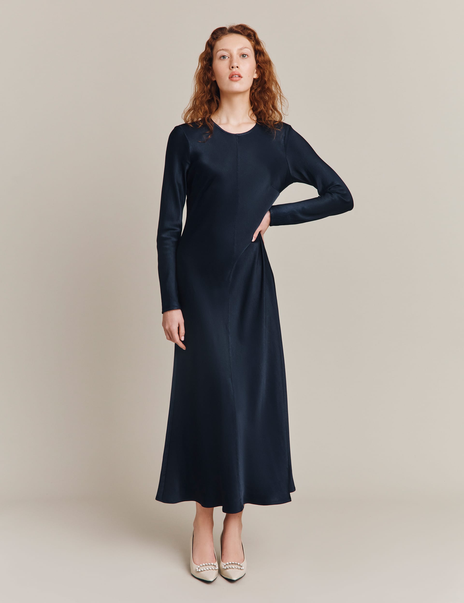 Ghost Women's Satin Round Neck Midi Column Dress - Navy, Navy