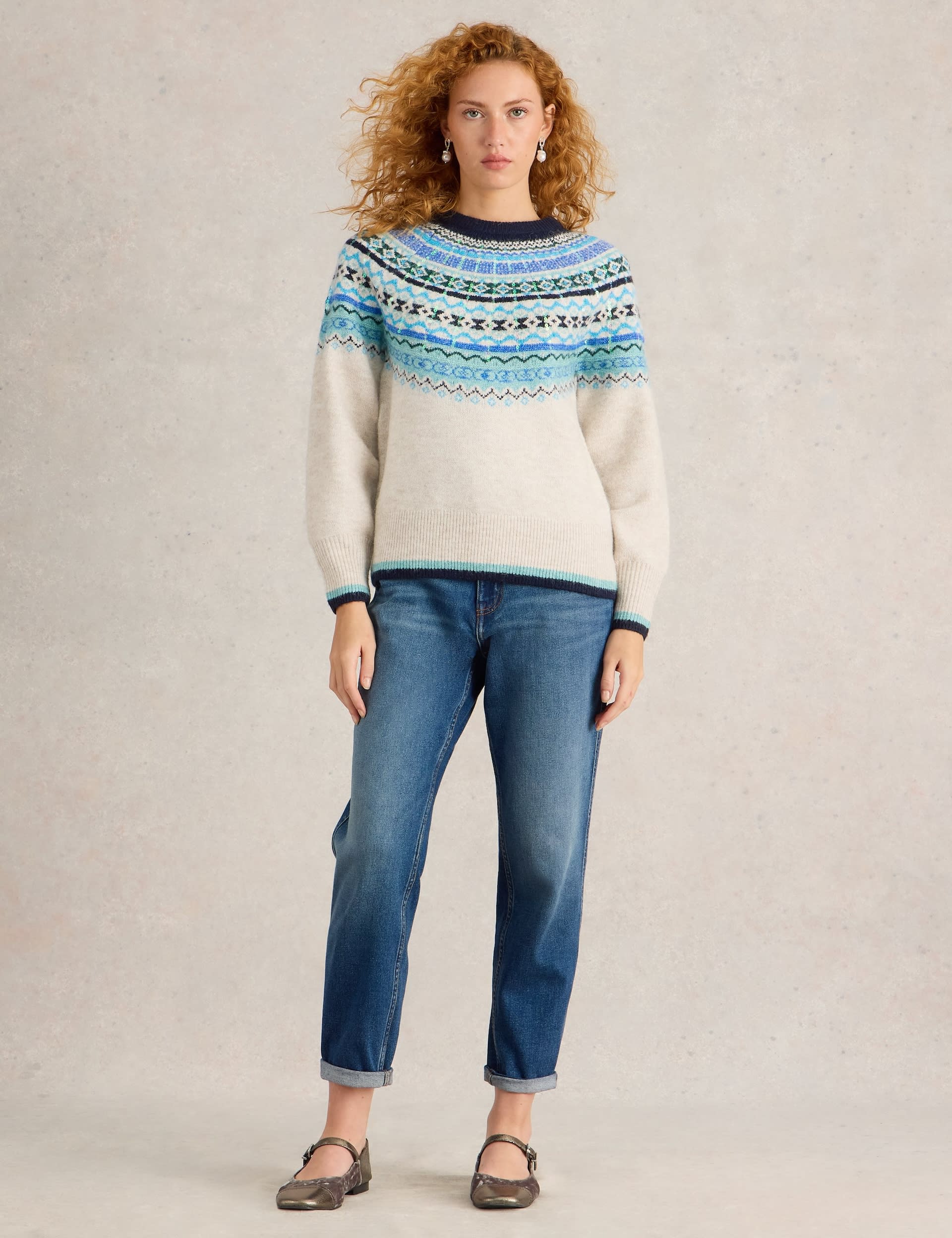 White Stuff Women's Sequin Crew Neck Fair Isle Jumper - 12 - Natural Mix, Natural Mix