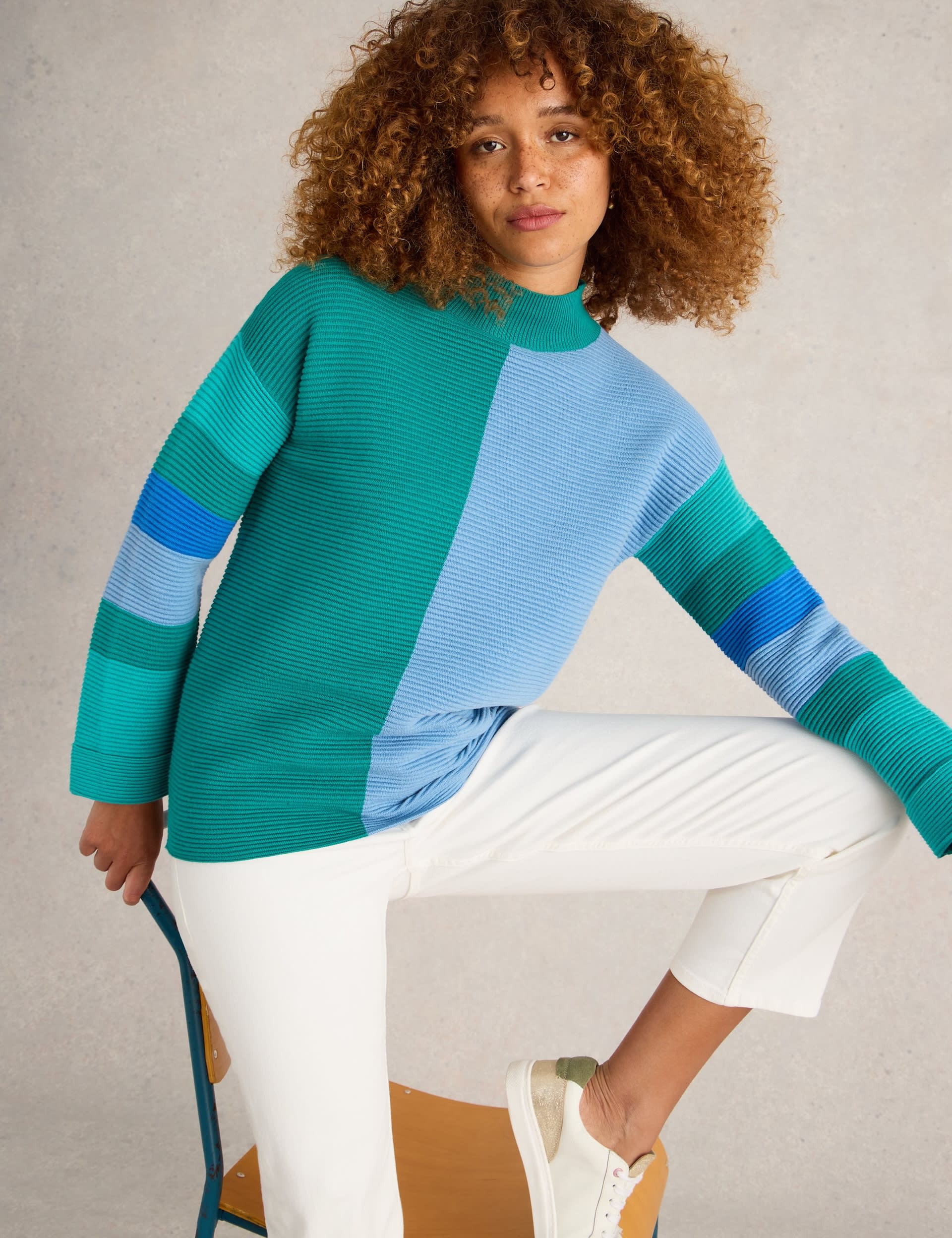 White Stuff Women's Pure Cotton Colour Block High Neck Jumper - 6 - Teal Mix, Teal Mix