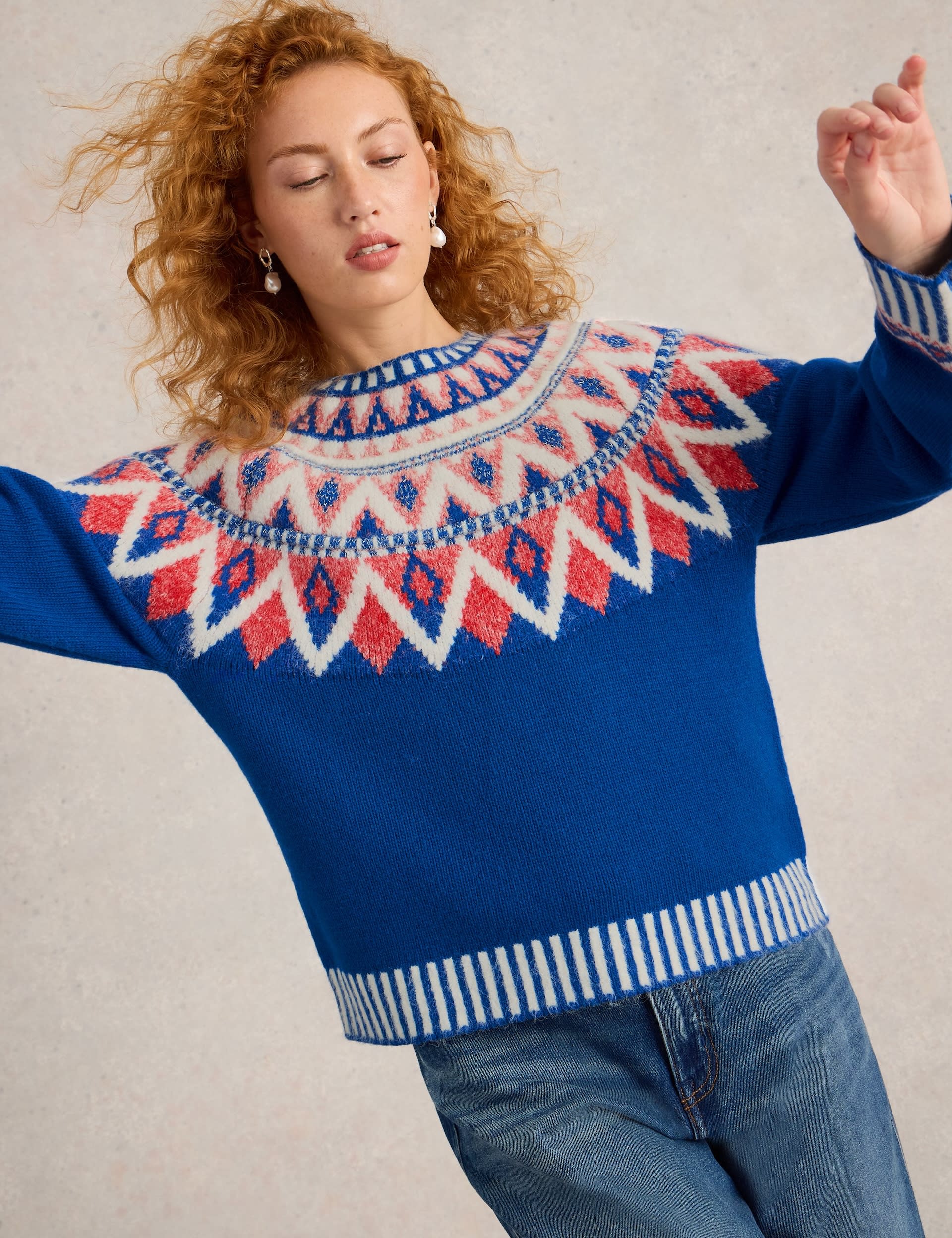 White Stuff Women's Wool Blend Fair Isle Crew Neck Jumper - 12 - Blue Mix, Blue Mix