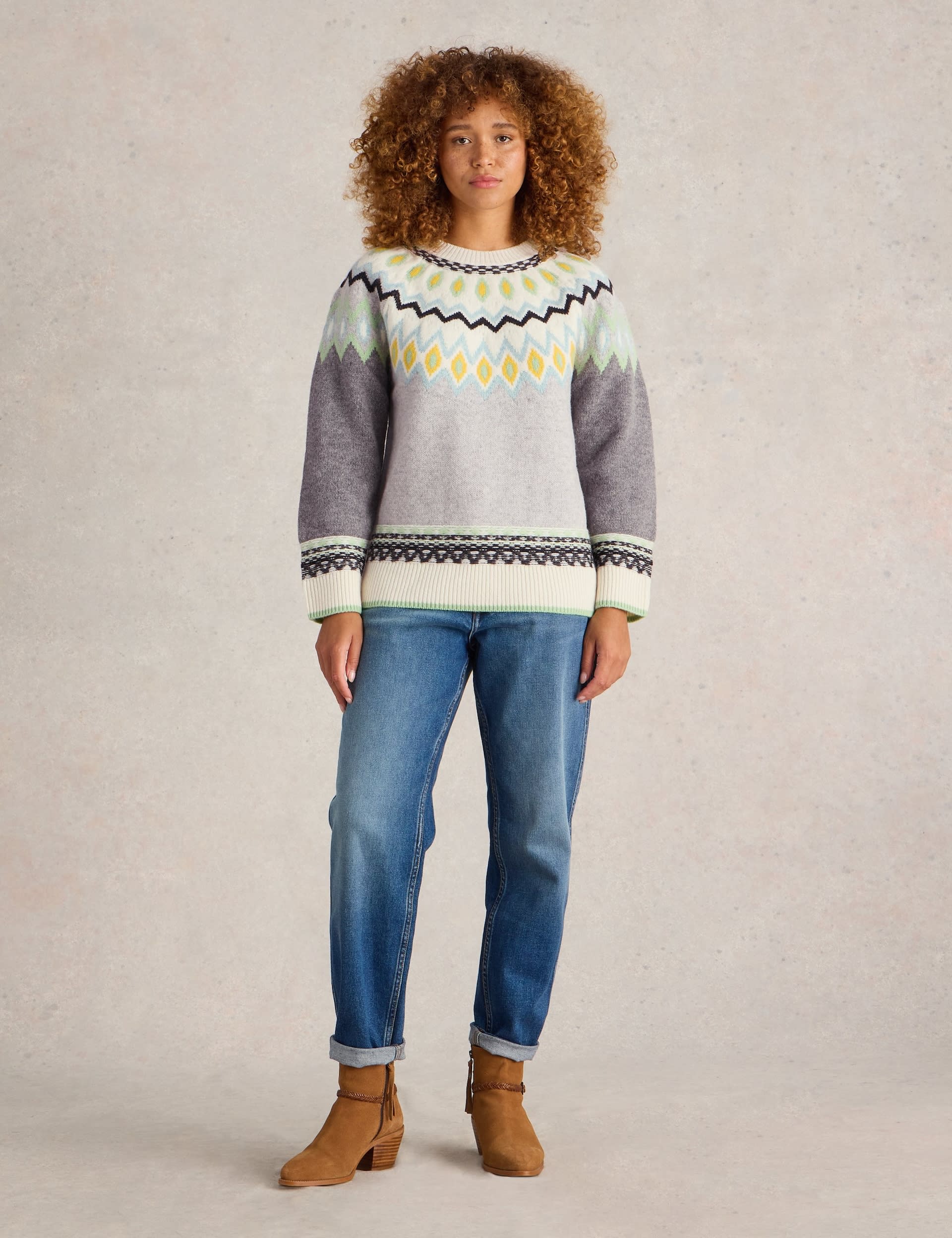 White Stuff Women's Lambswool Rich Crew Neck Fair Isle Jumper - 18REG - Grey Mix, Grey Mix