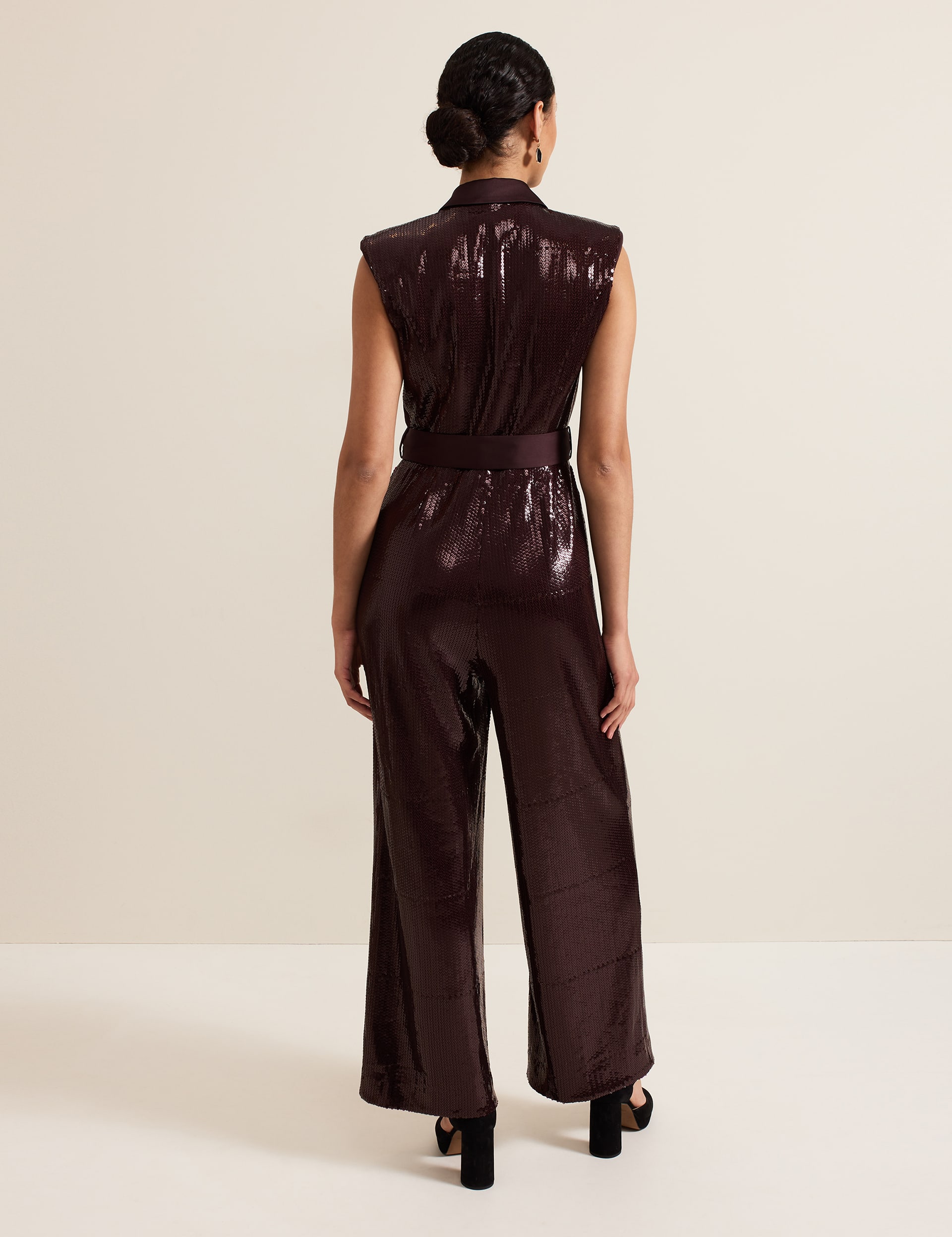 Phase Eight Women's Sequin Belted Wide Leg Jumpsuit - 12 - Burgundy, Burgundy