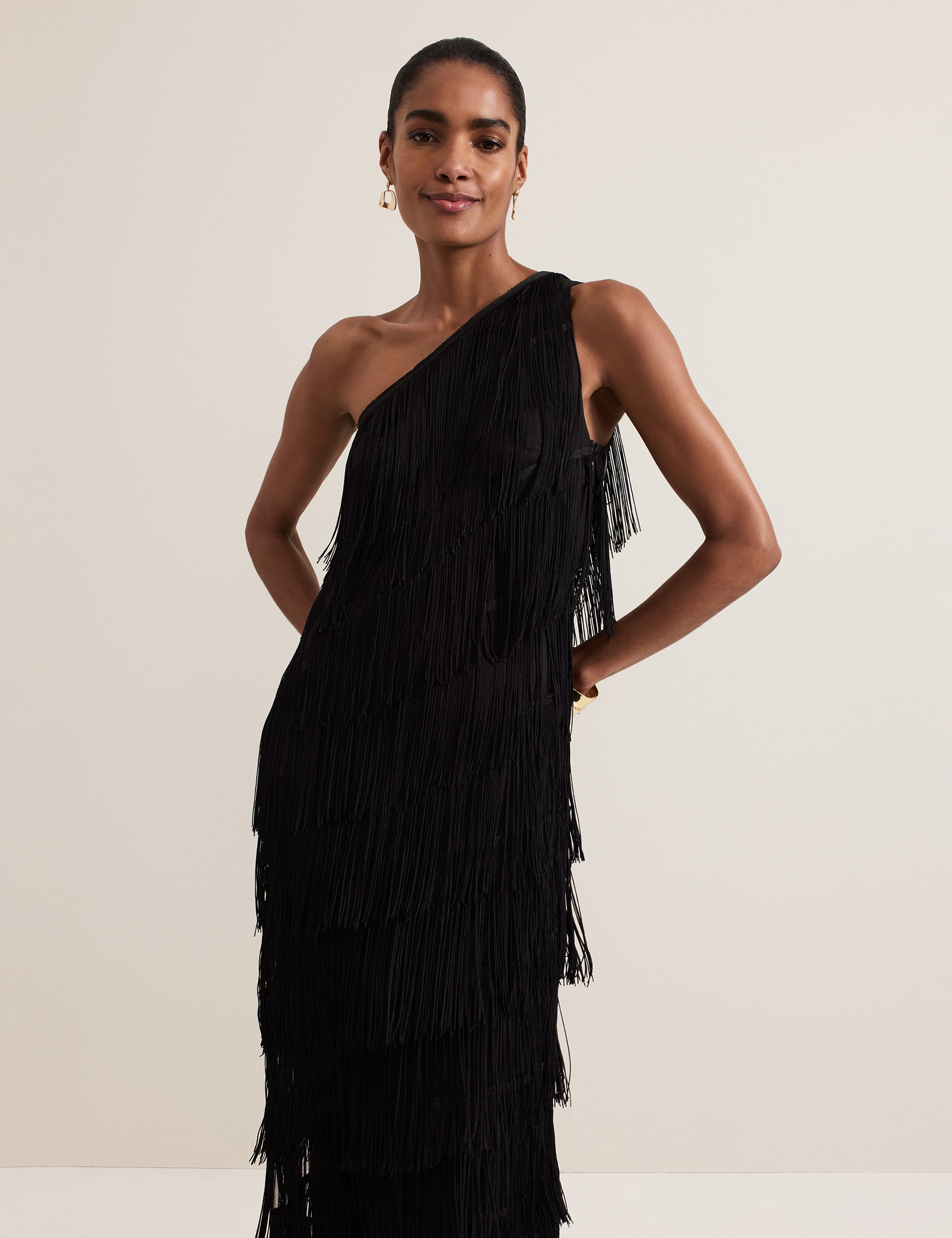 Phase Eight Women's Fringed One Shoulder Maxi Column Dress - 6 - Black, Black