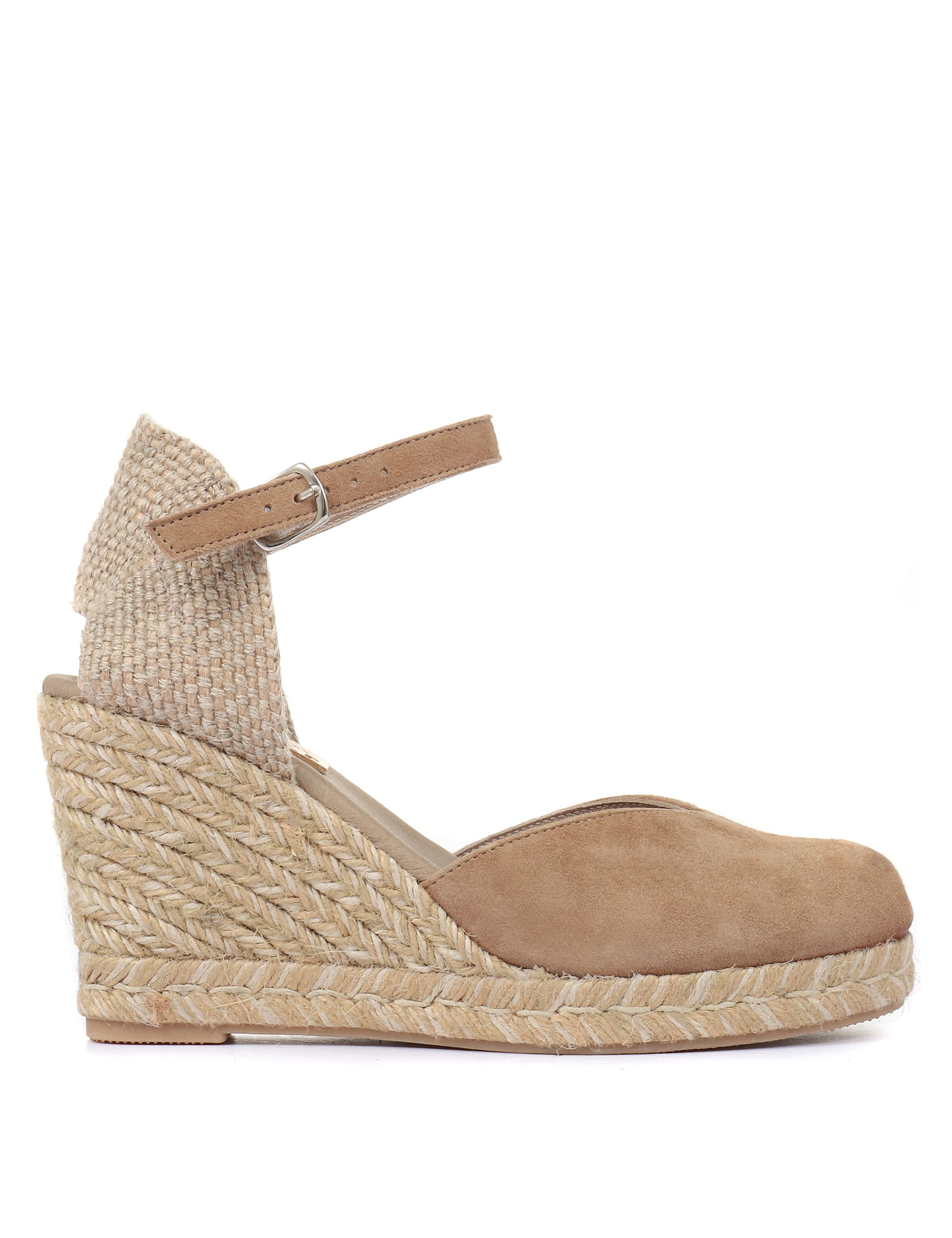 Jones Bootmaker Women's Suede Ankle Strap Wedge Espadrilles - 6 - Sand, Navy,Sand