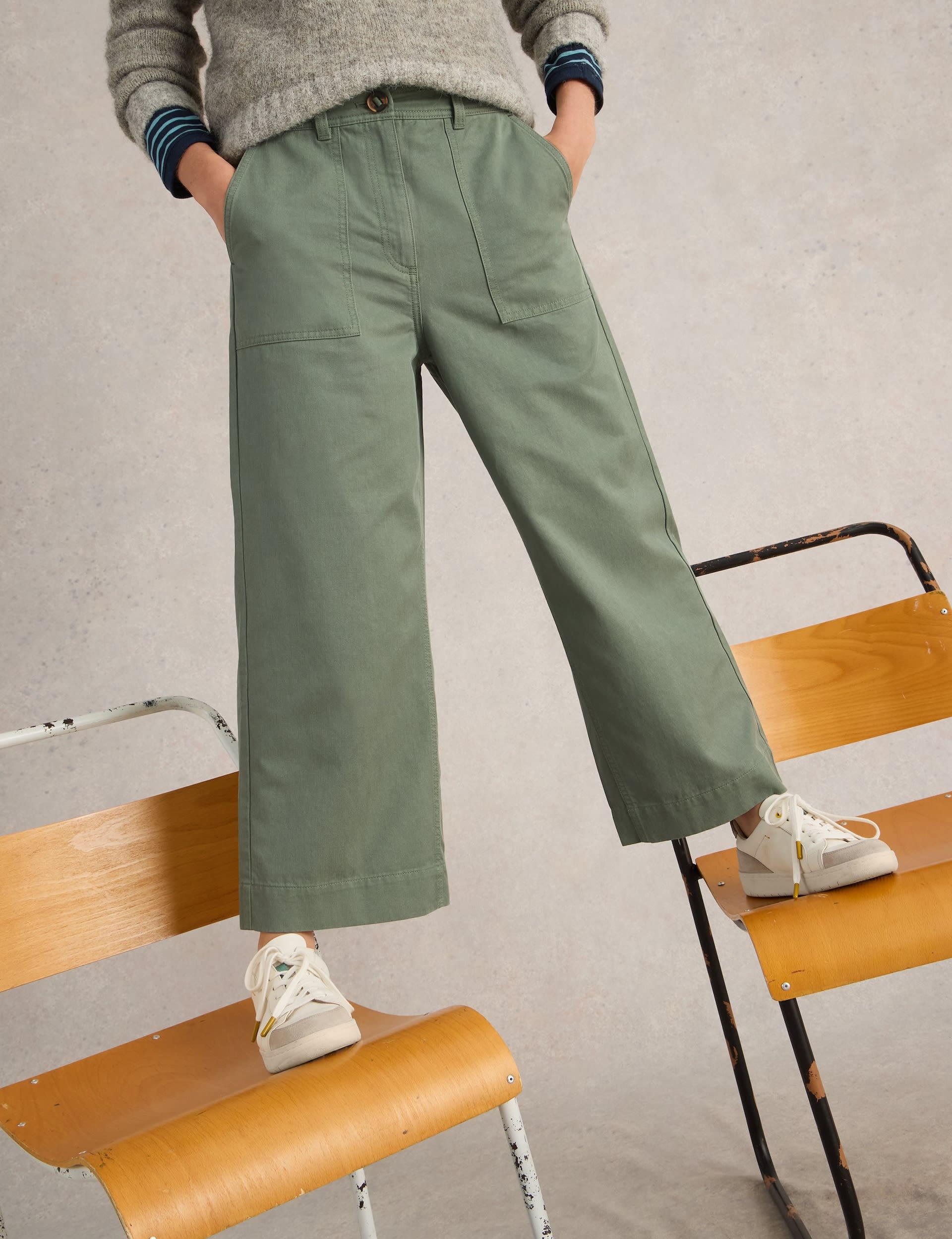 White Stuff Women's Cotton Blend Wide Leg Cropped Trousers - 12REG - Green, Tan,Green