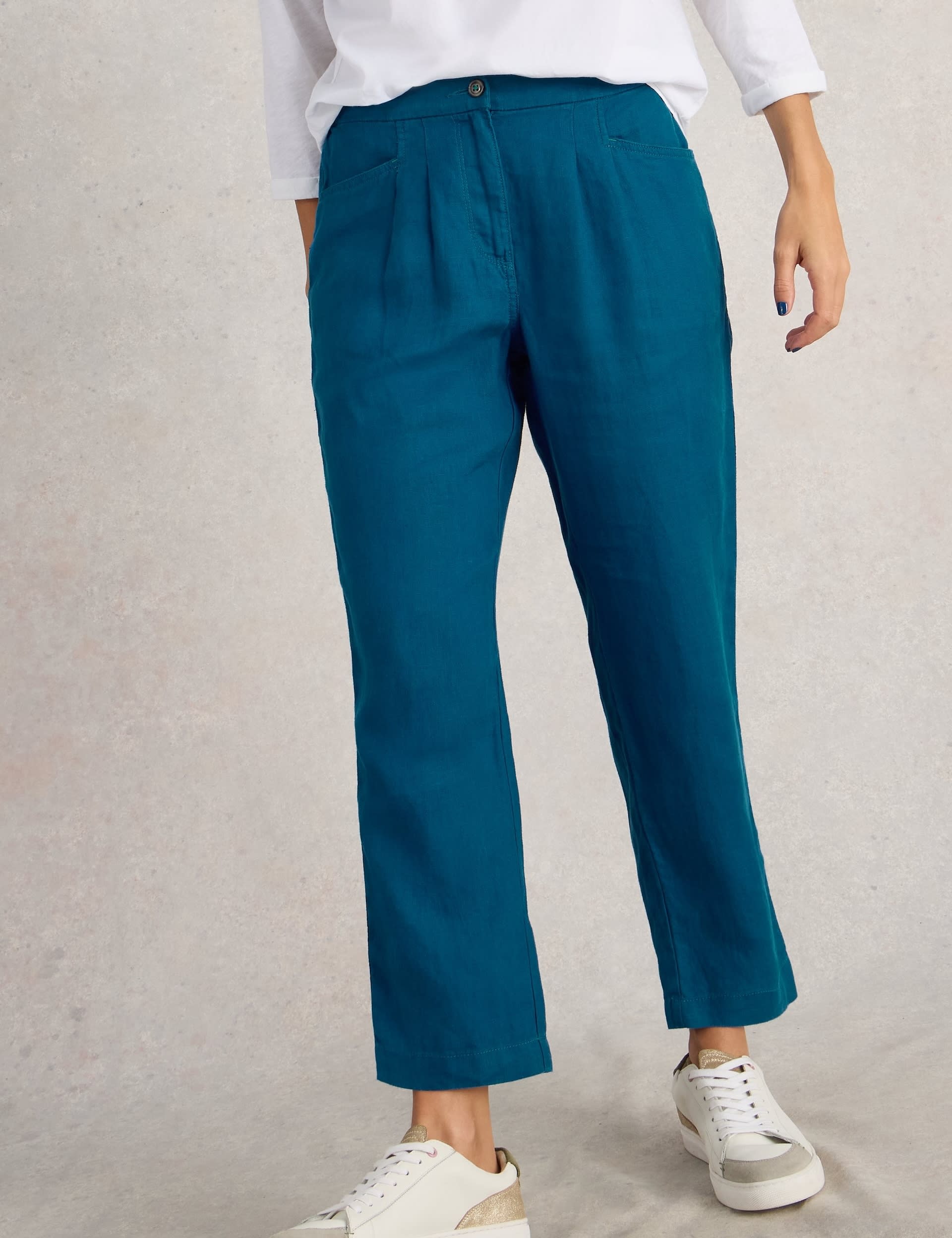 White Stuff Women's Pure Linen Trousers - 12REG - Blue, Blue,Green