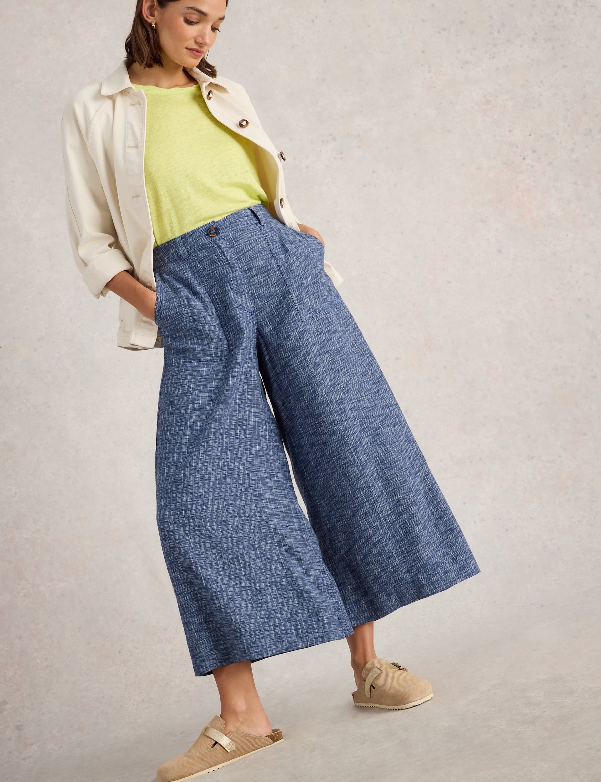 White Stuff Women's Linen Blend Culottes - 12REG - Blue Mix, Blue Mix,Green Mix