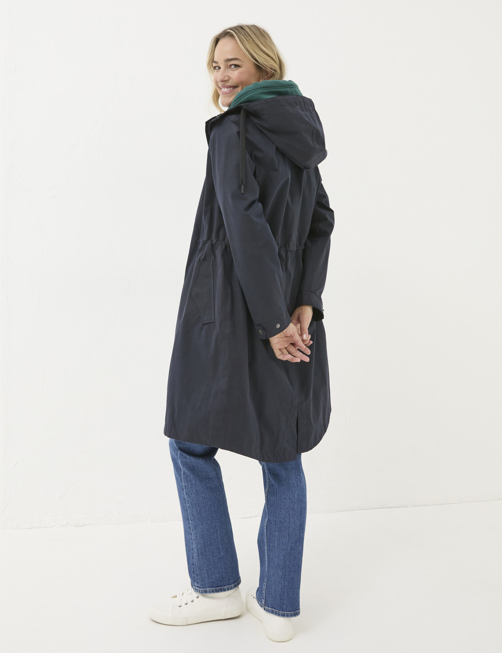 Fatface Women's Cotton Blend Hooded Longline Raincoat - 14 - Navy, Navy