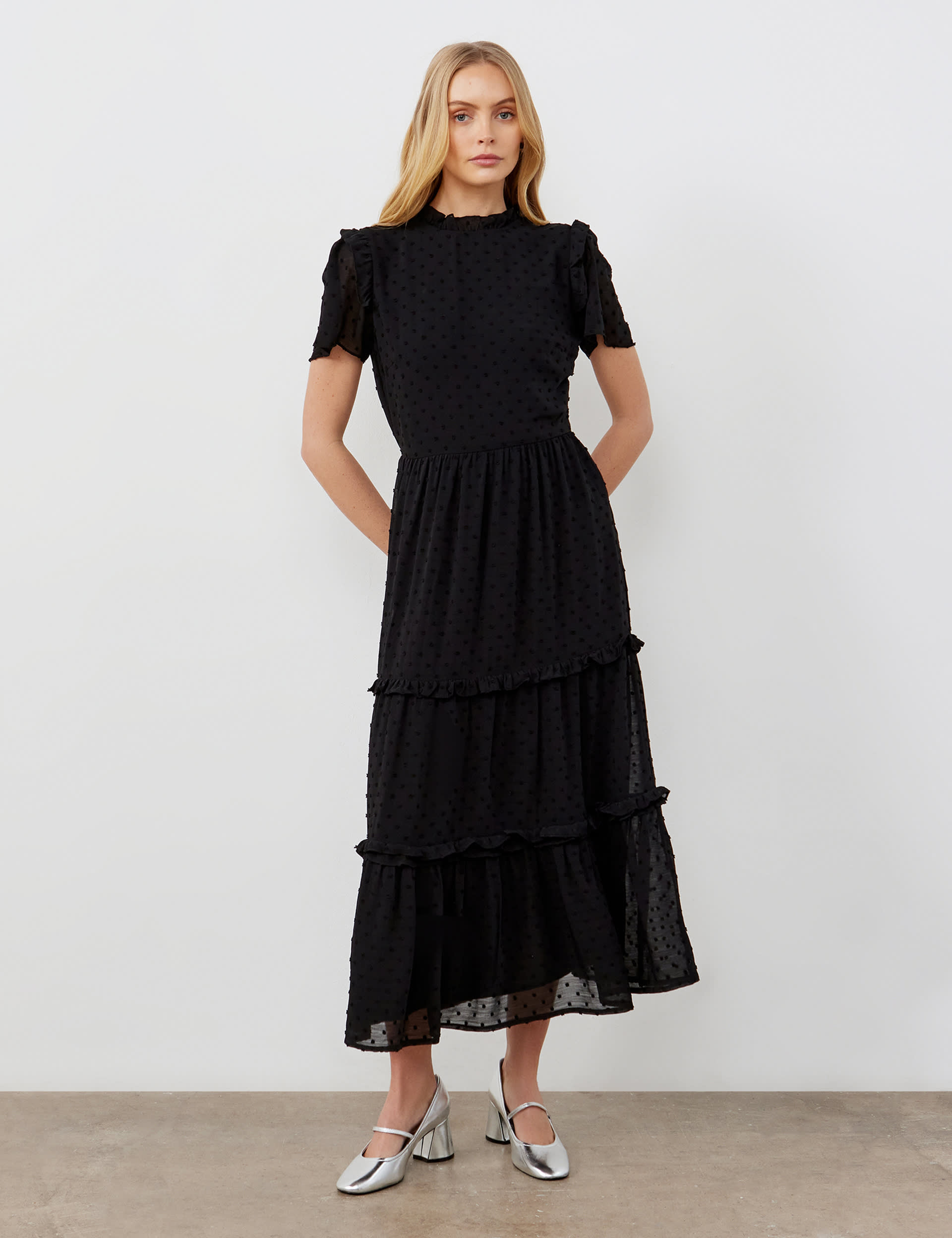 Finery London Women's Crew Neck Ruffle Midaxi Tiered Dress - 14 - Black, Navy,Black