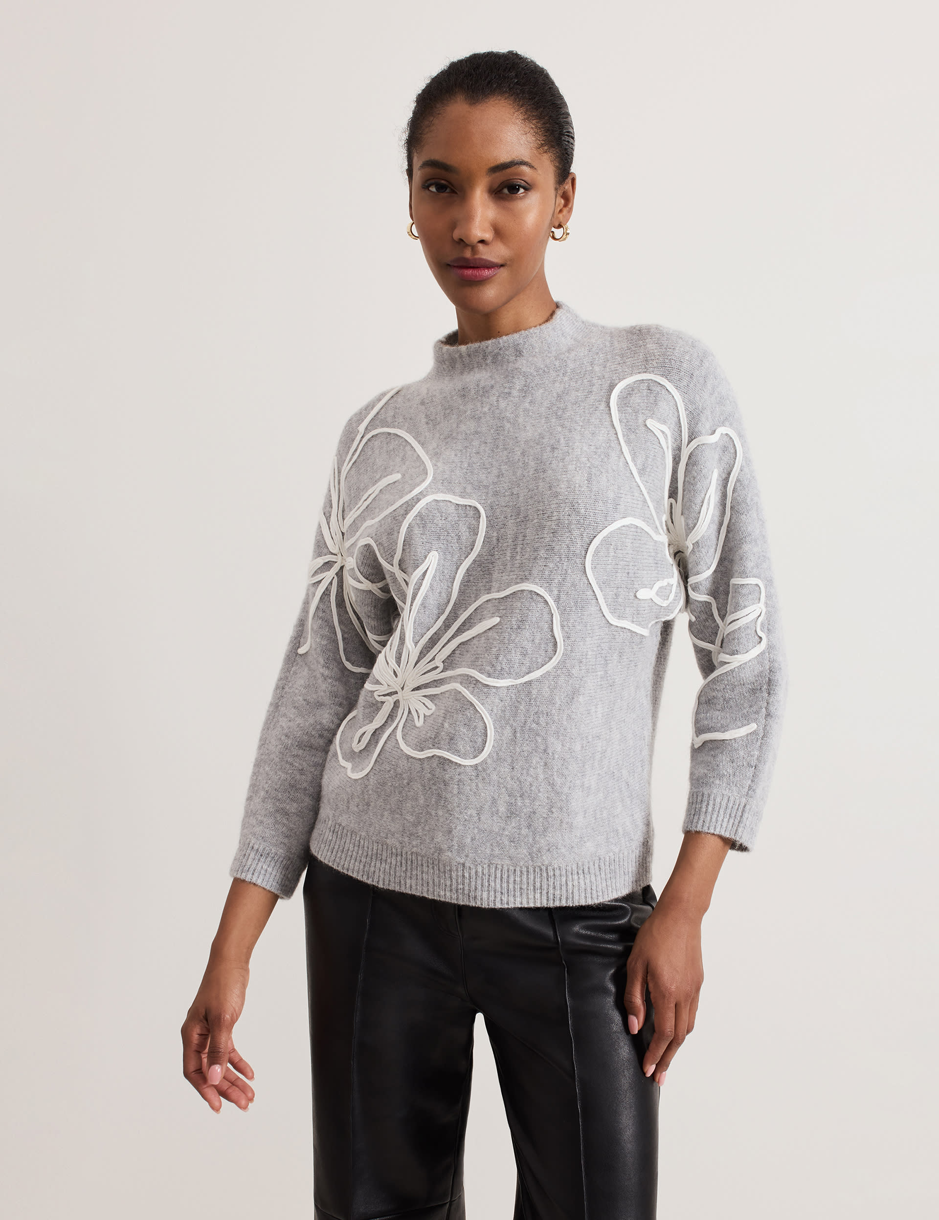 Phase Eight Women's Floral Embellished Jumper with Wool - Grey Mix, Grey Mix