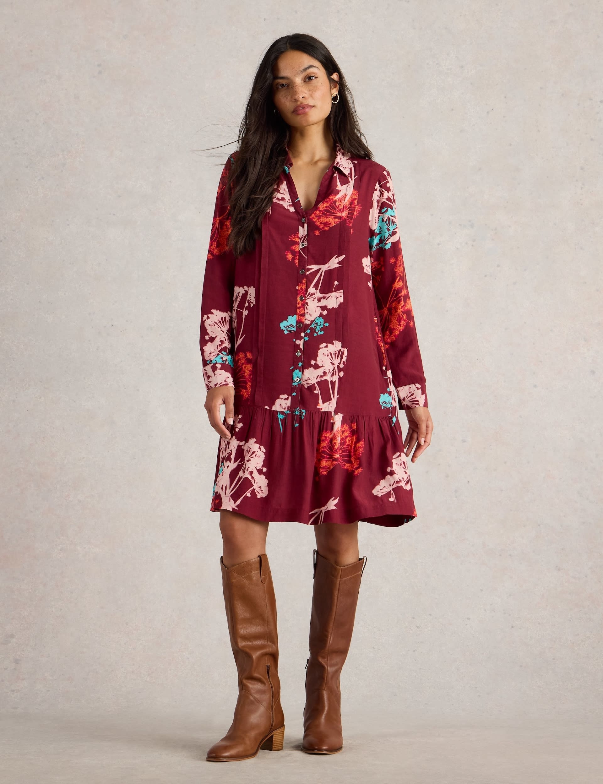 White Stuff Women's Pure Cotton Floral V-Neck Shirt Dress - 18REG - Red Mix, Red Mix