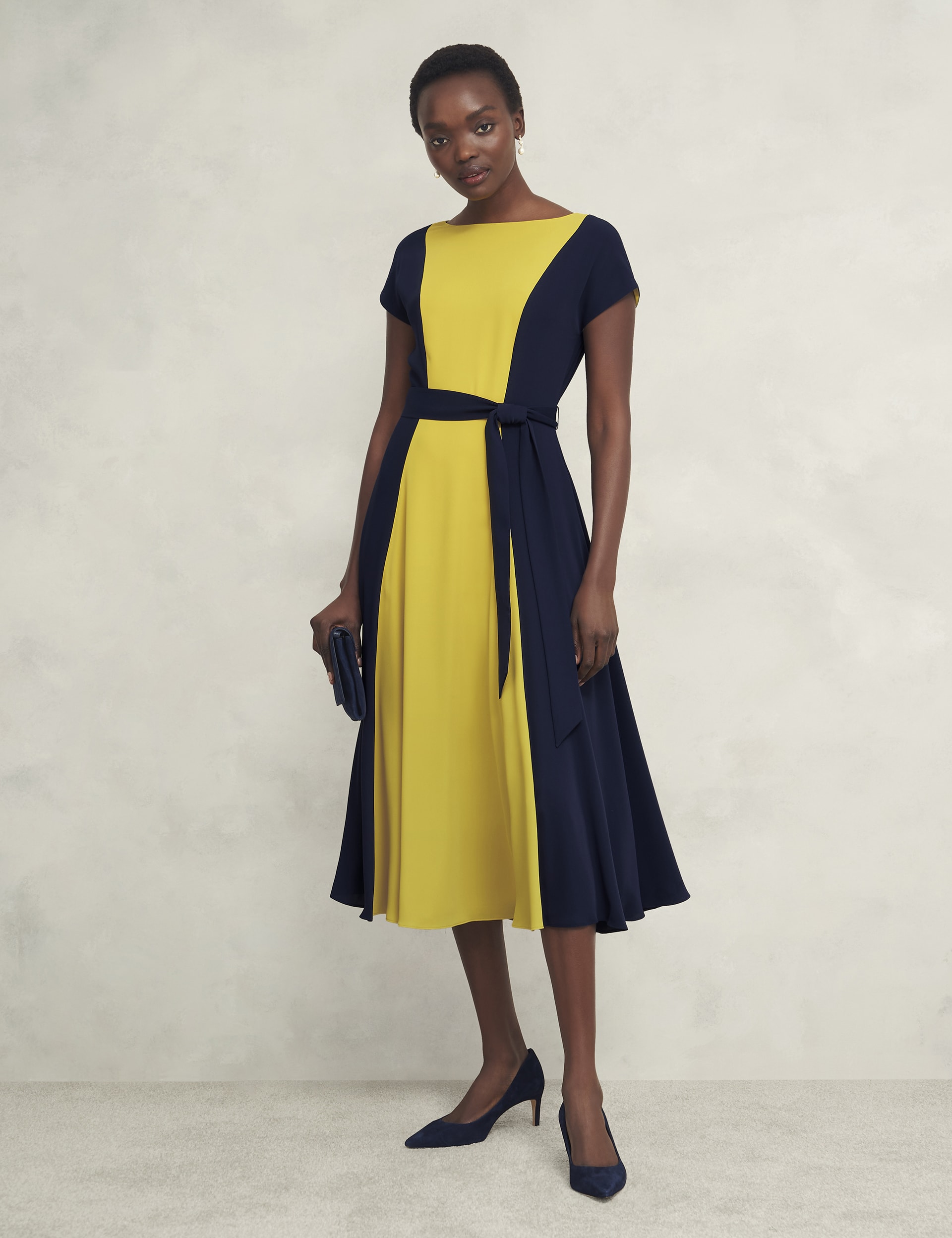 Hobbs Women's Colour Block Slash Neck Midi Waisted Dress - 8PET - Navy Mix, Navy Mix