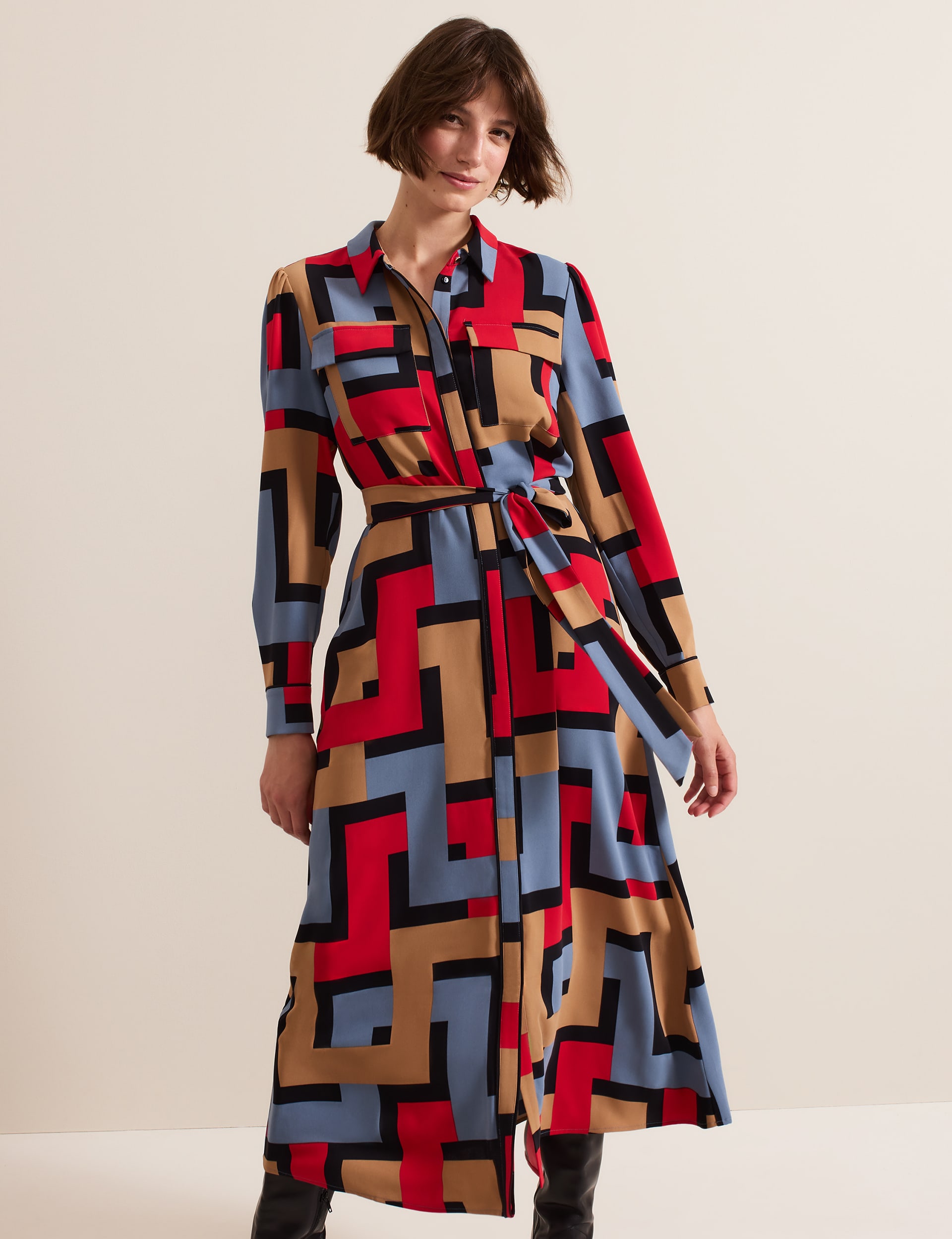 Phase Eight Women's Geometric Belted Midaxi Shirt Dress - 12REG - Multi, Multi