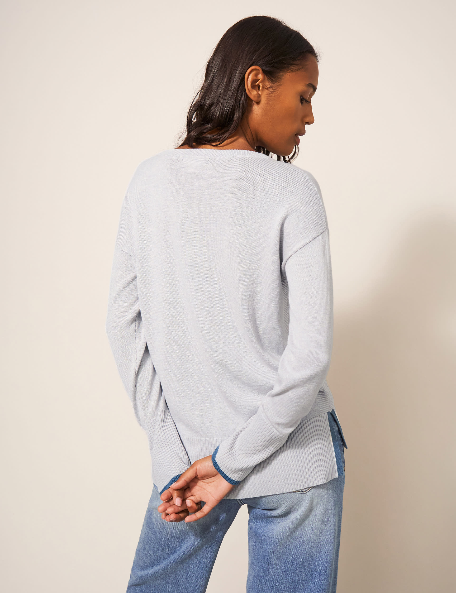 White Stuff Women's Cotton Rich Crew Neck Stepped Hem Jumper - 10 - Light Grey, Light Grey