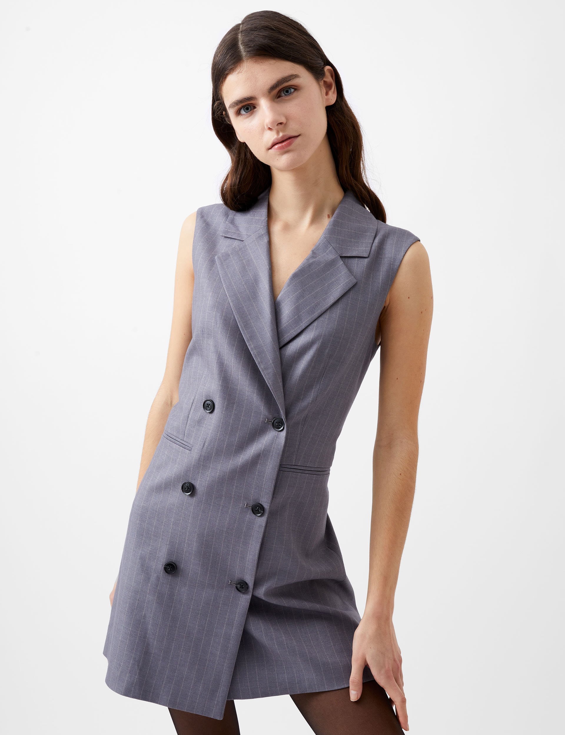 French Connection Women's Pinstriped Collared Tailored Dress - 12 - Grey, Grey