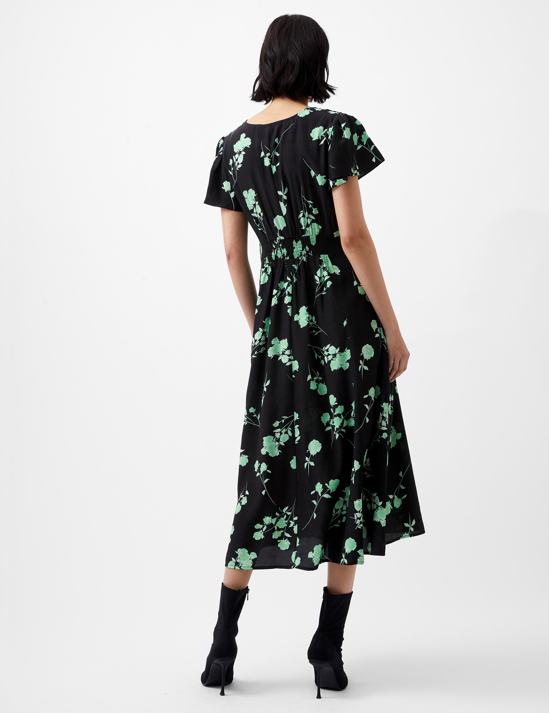 French Connection Women's Floral V-Neck Midi Tea Dress - 8 - Black Mix, Black Mix