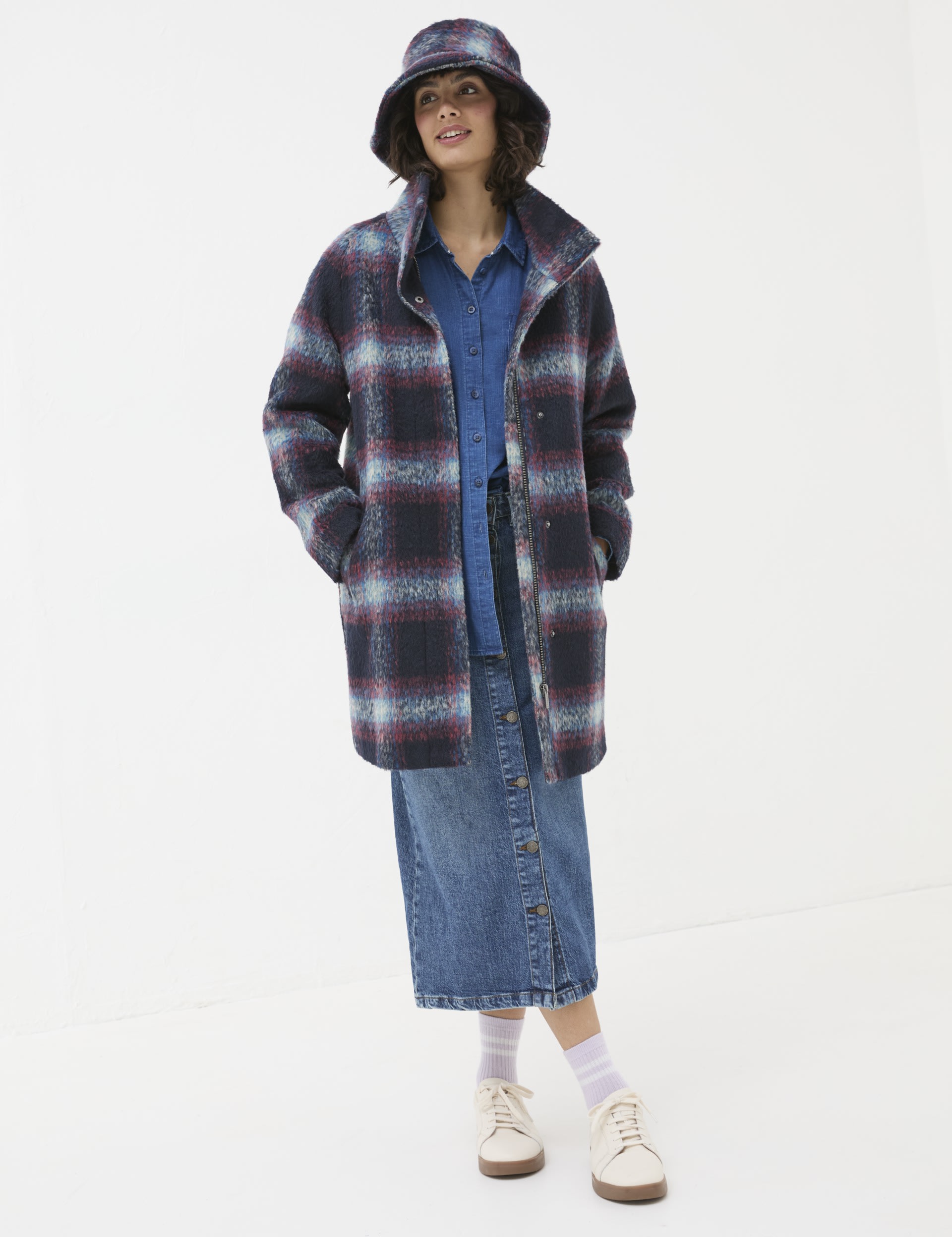 Fatface Women's Wool Blend Checked Tailored Coat - 18 - Navy Mix, Navy Mix