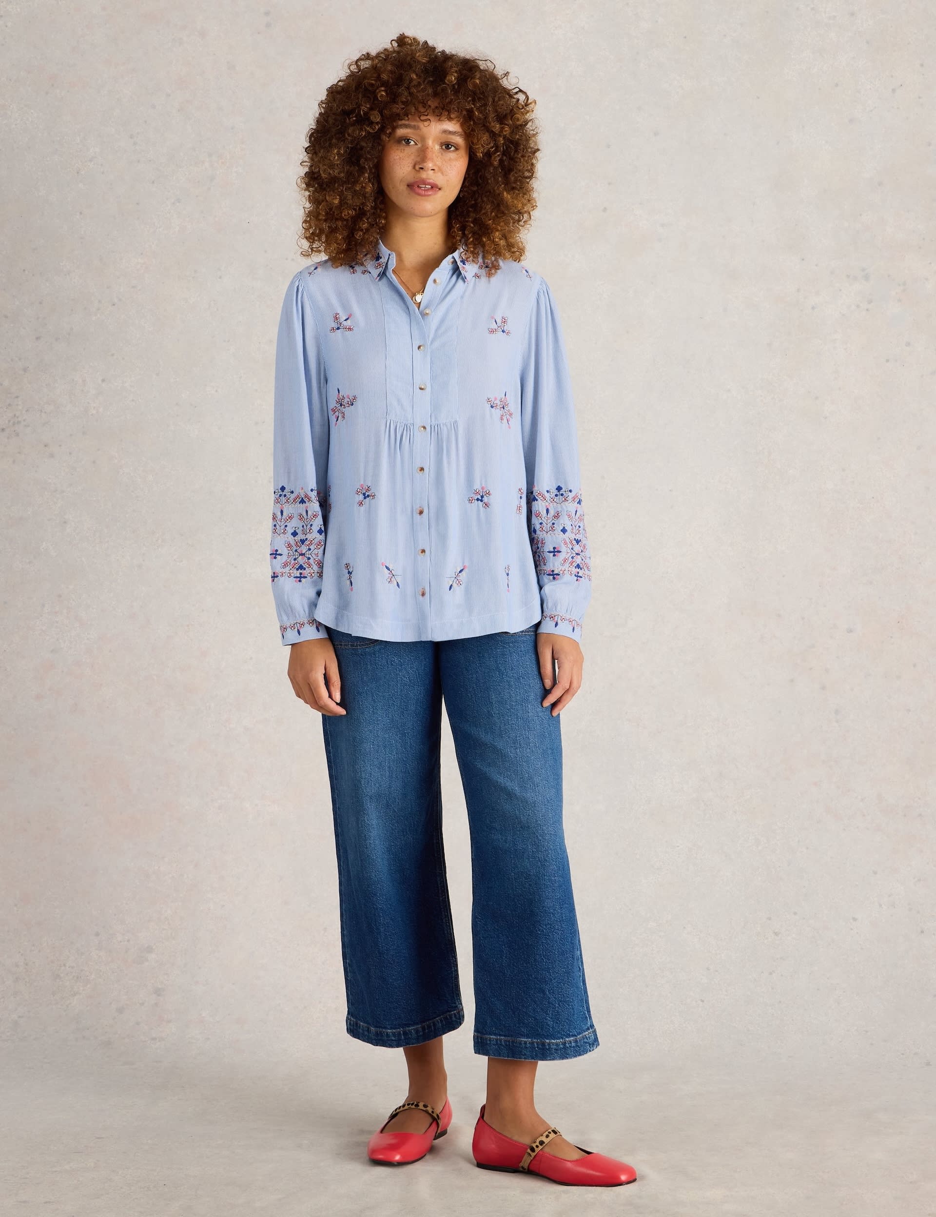 White Stuff Women's Embroidered Collared Relaxed Shirt - 14REG - Blue Mix, Blue Mix