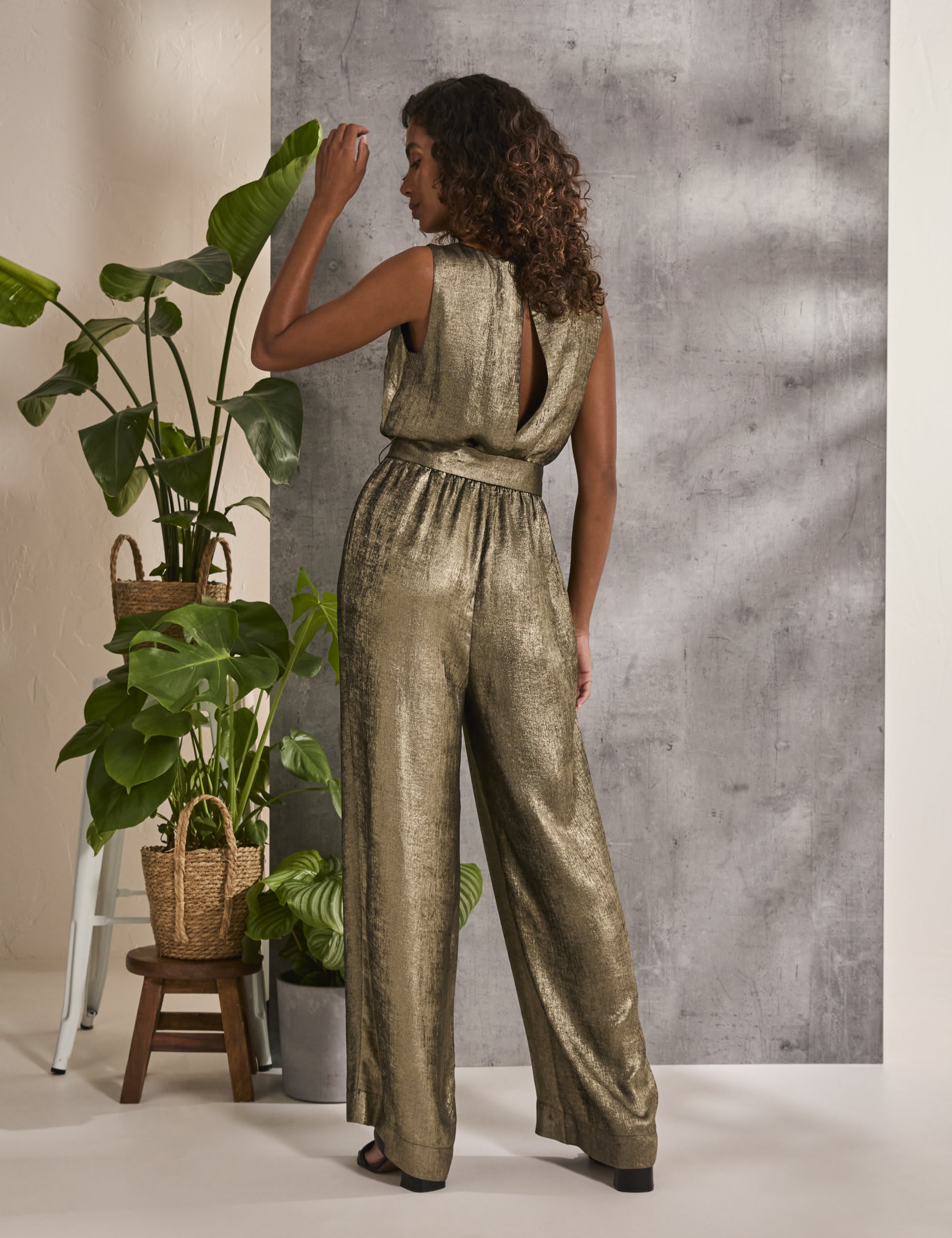 Fatface Women's Metallic Tie Detail Wide Leg Jumpsuit - 24LNG - Gold, Gold