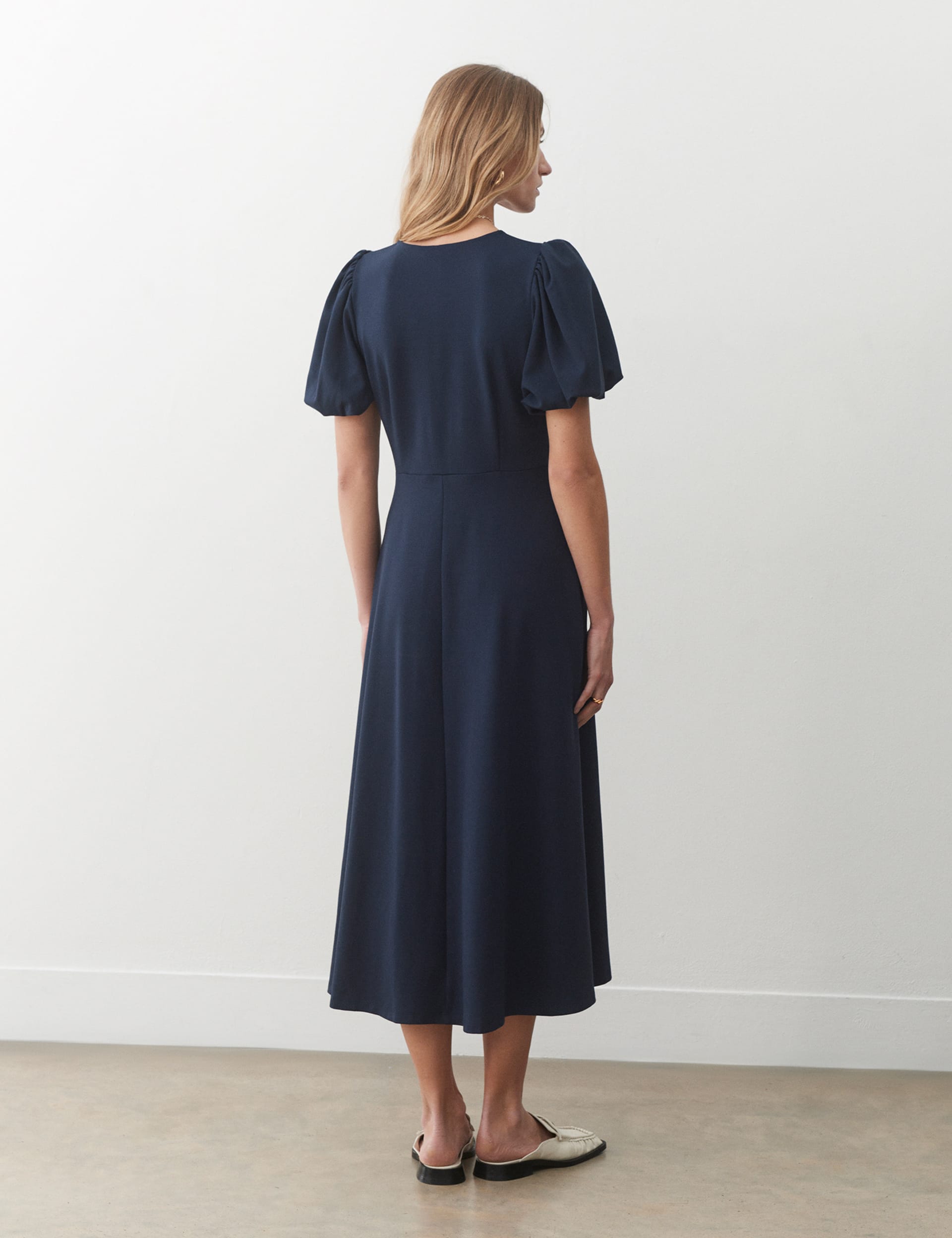 Finery London Women's V-Neck Puff Sleeve Midi Waisted Dress - 8 - Dark Blue, Dark Blue