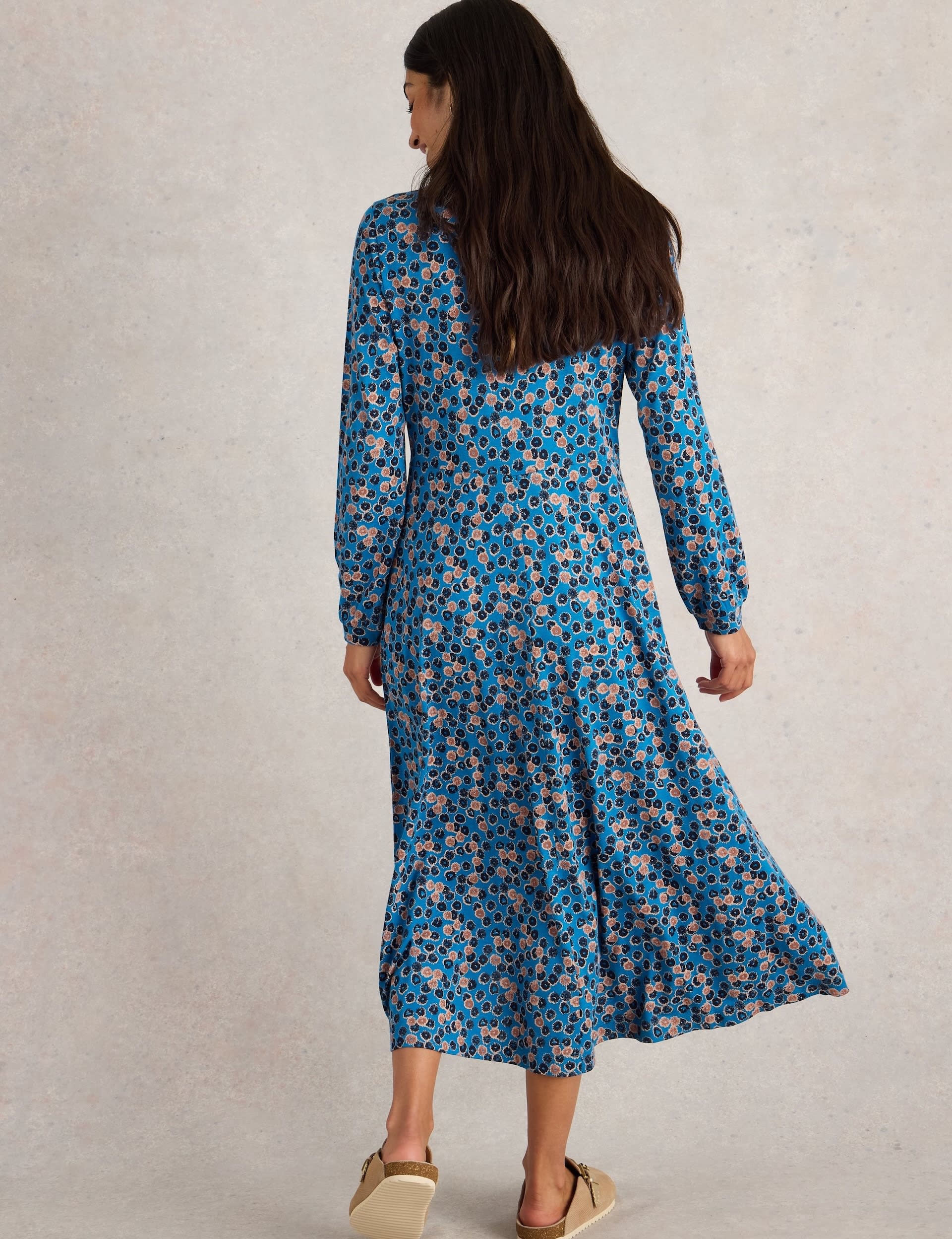 White Stuff Women's Cotton Modal Jersey Floral Midi Waisted Dress - 12REG - Blue Mix, Navy Mix,Blue 