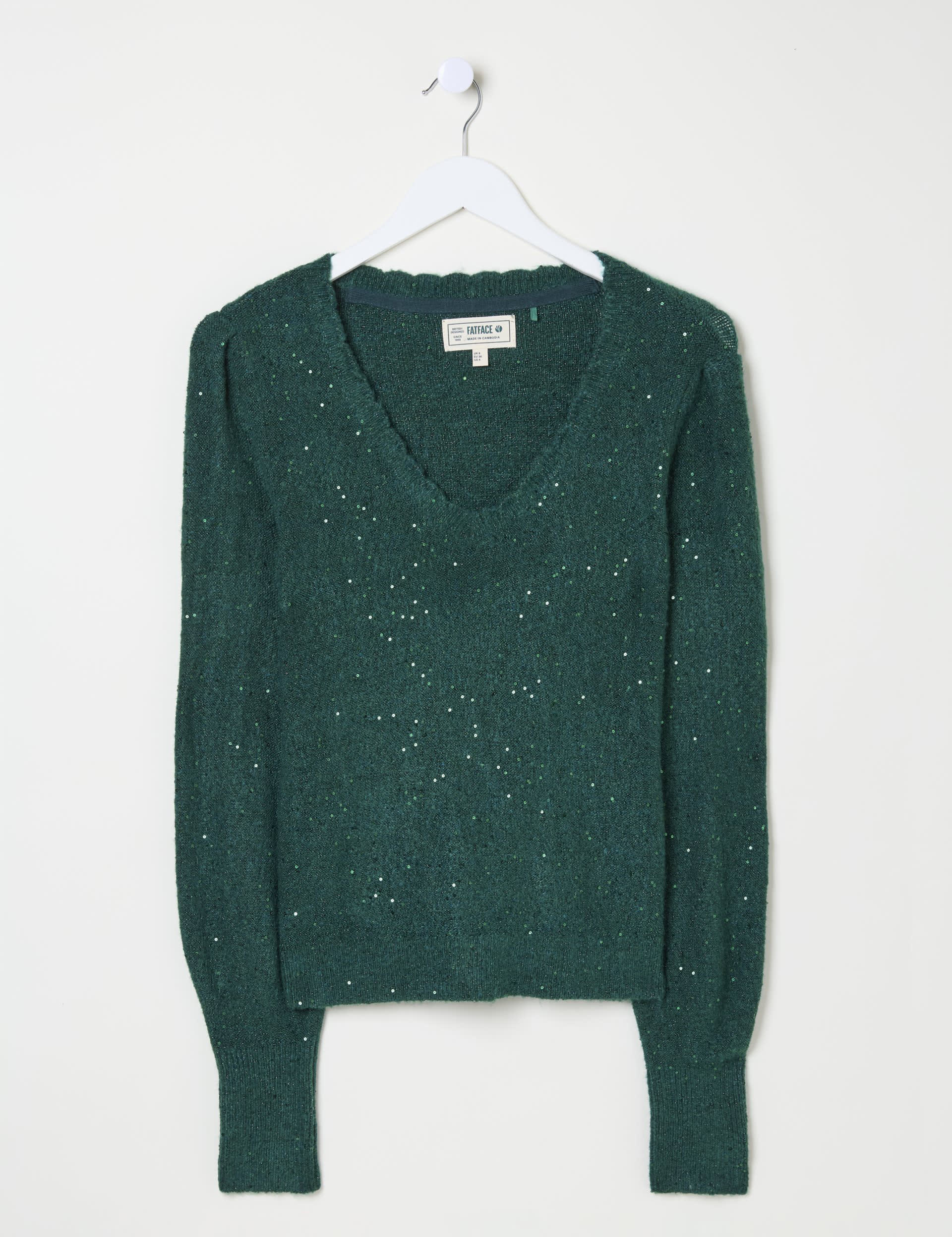 Fatface Women's Sparkly V-Neck Gathered Shoulder Jumper - 24 - Teal Green, Grey,Teal Green