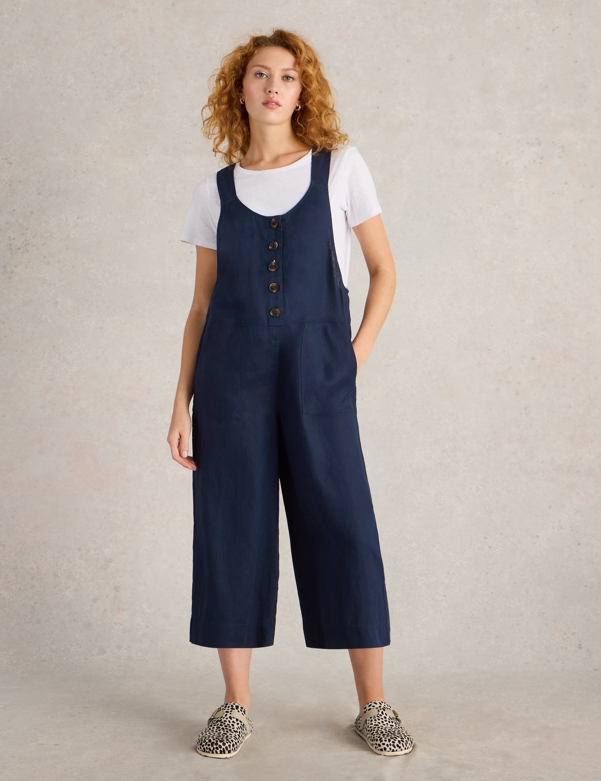 White Stuff Women's Pure Linen Cropped Dungarees - 12REG - Navy, Navy