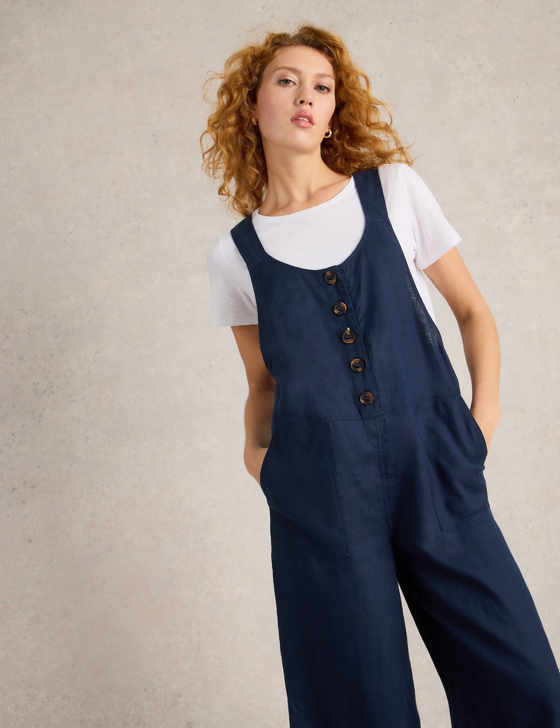 White Stuff Women's Pure Linen Cropped Dungarees - 12REG - Navy, Navy