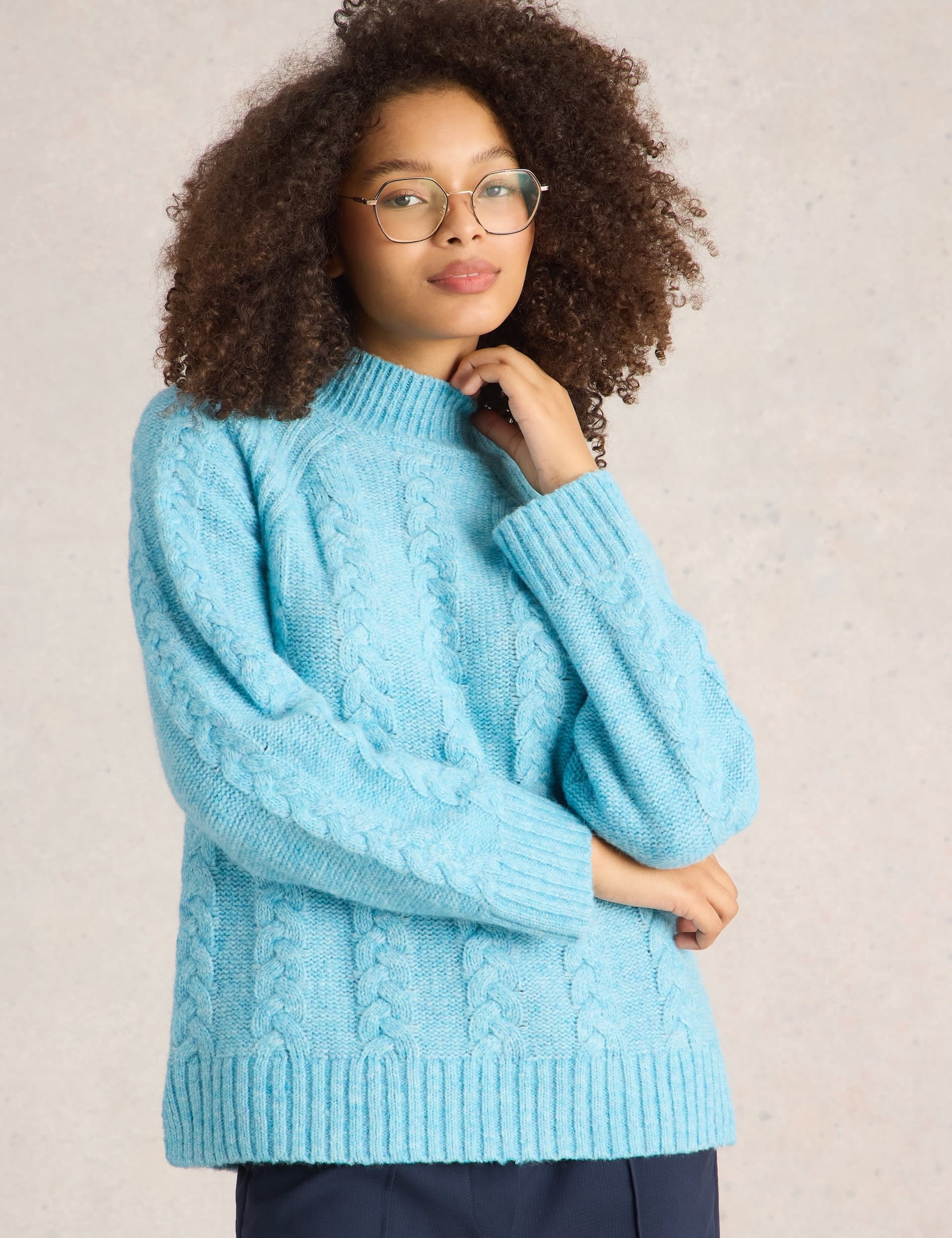 White Stuff Women's Cable Knit Funnel Neck Jumper with Wool - 14 - Blue, Blue