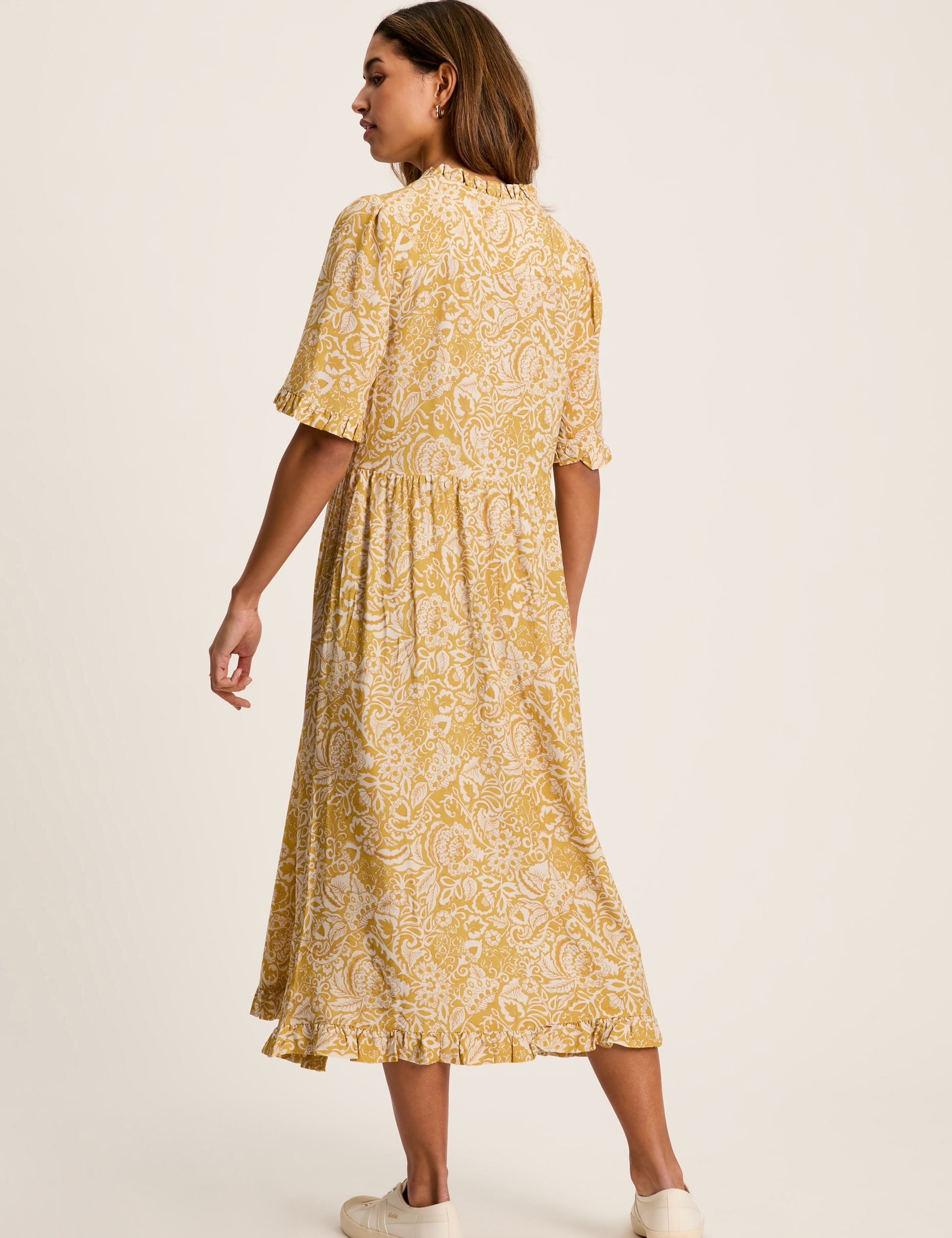 Joules Women's Floral Tie Neck Ruffle Detail Midi Smock Dress - 10 - Yellow Mix, Yellow Mix