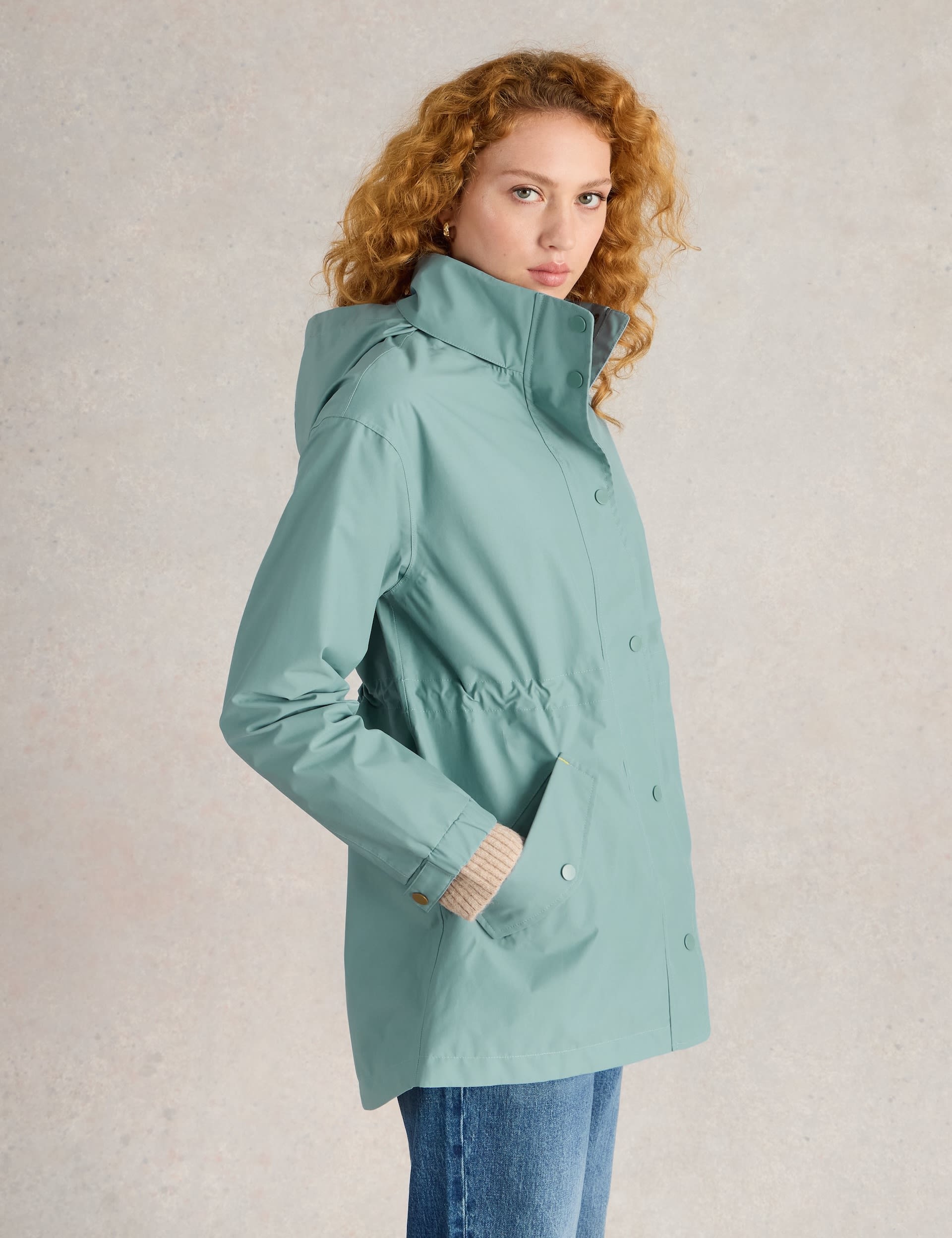 White Stuff Women's Cotton Rich Waterproof High Neck Raincoat - 12REG - Blue, Blue